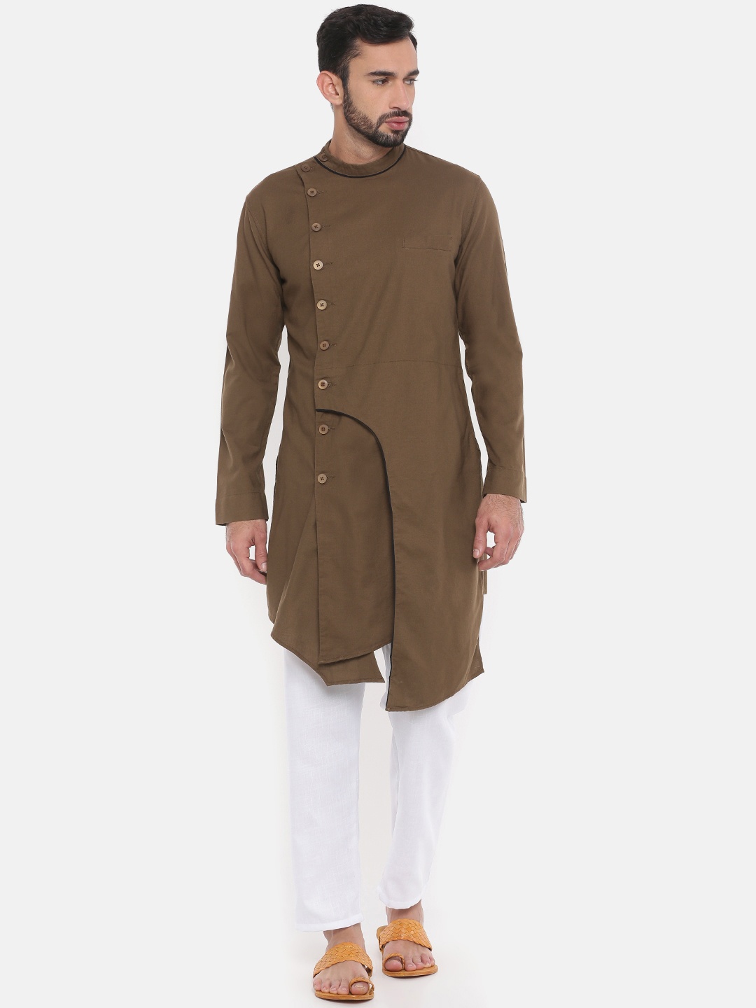 

Freehand by The Indian Garage Co Men Brown Solid Asymmetric Straight Kurta