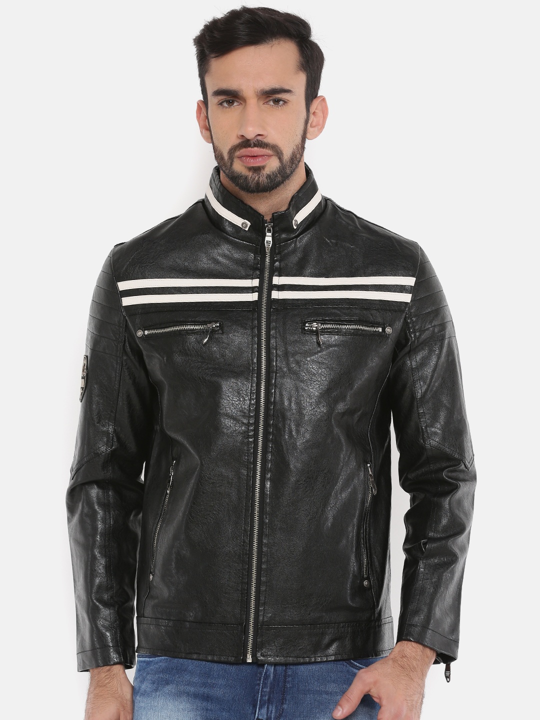 

The Indian Garage Co Men Black & White Striped Biker Jacket