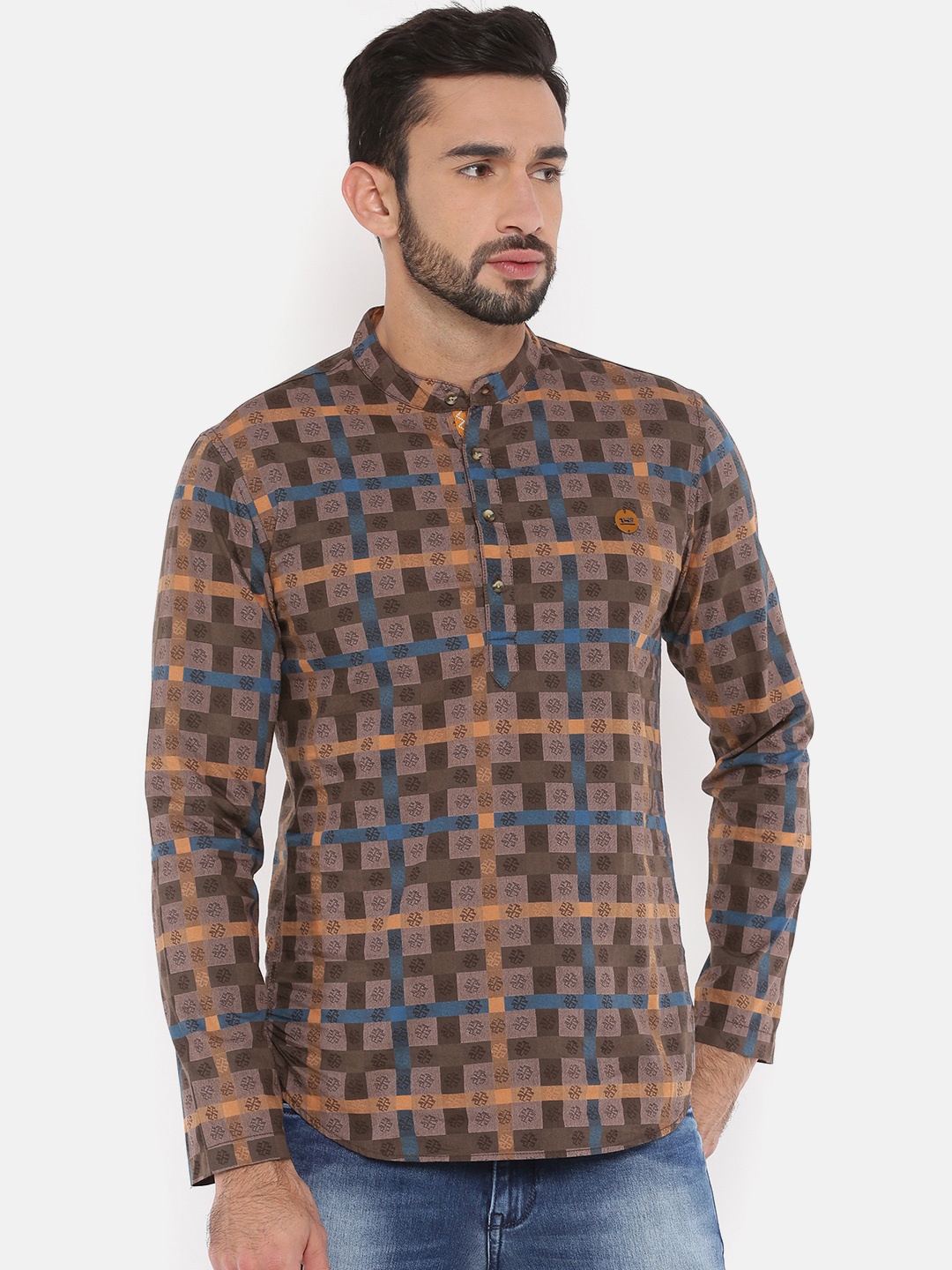 

The Indian Garage Co Men Brown & Olive Green Checked Straight Kurta