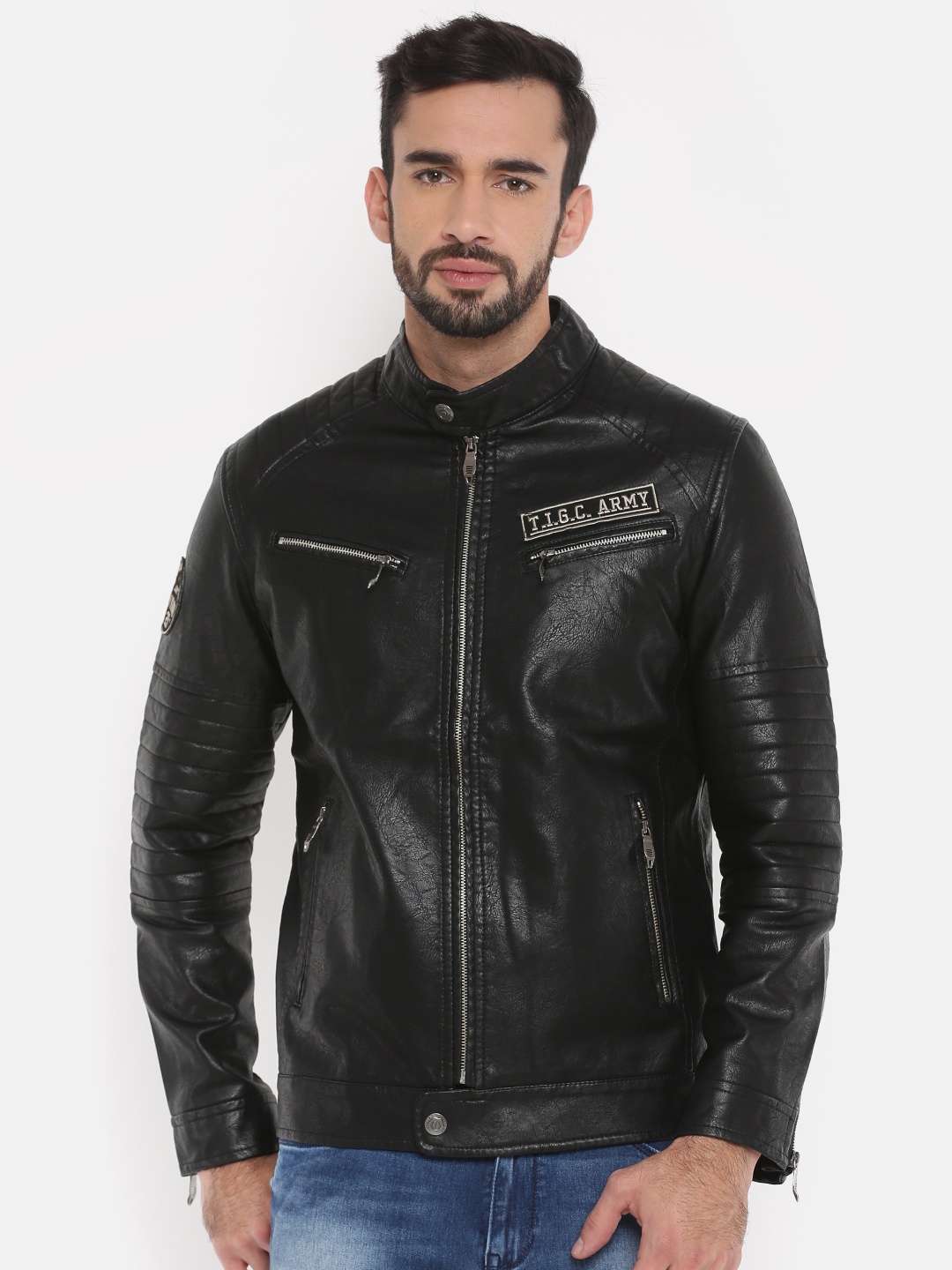 

The Indian Garage Co Men Black Solid Biker Jacket