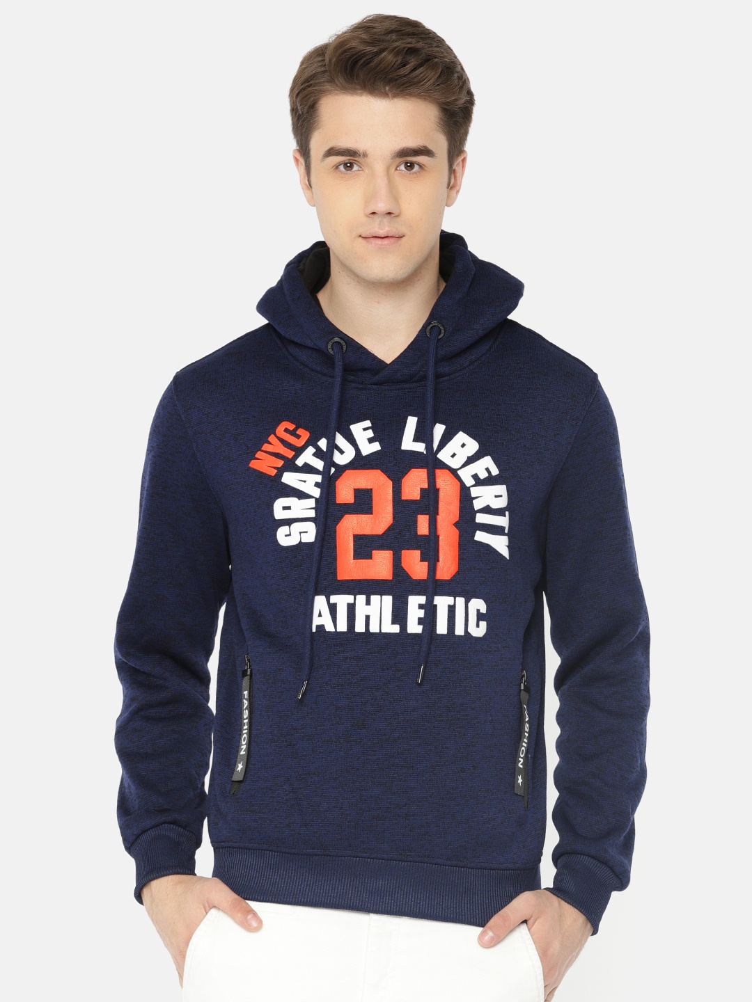 

The Indian Garage Co Men Navy Blue Self Design Hooded Sweatshirt