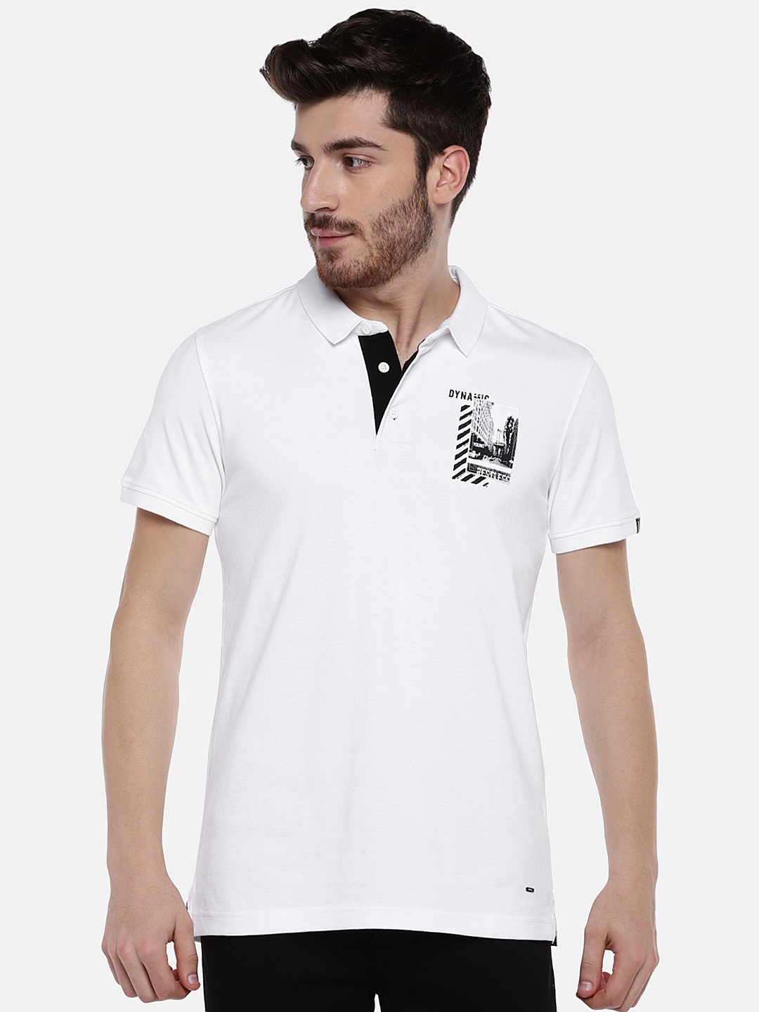

SPYKAR Men White Printed Polo Collar Pure Cotton T-shirt