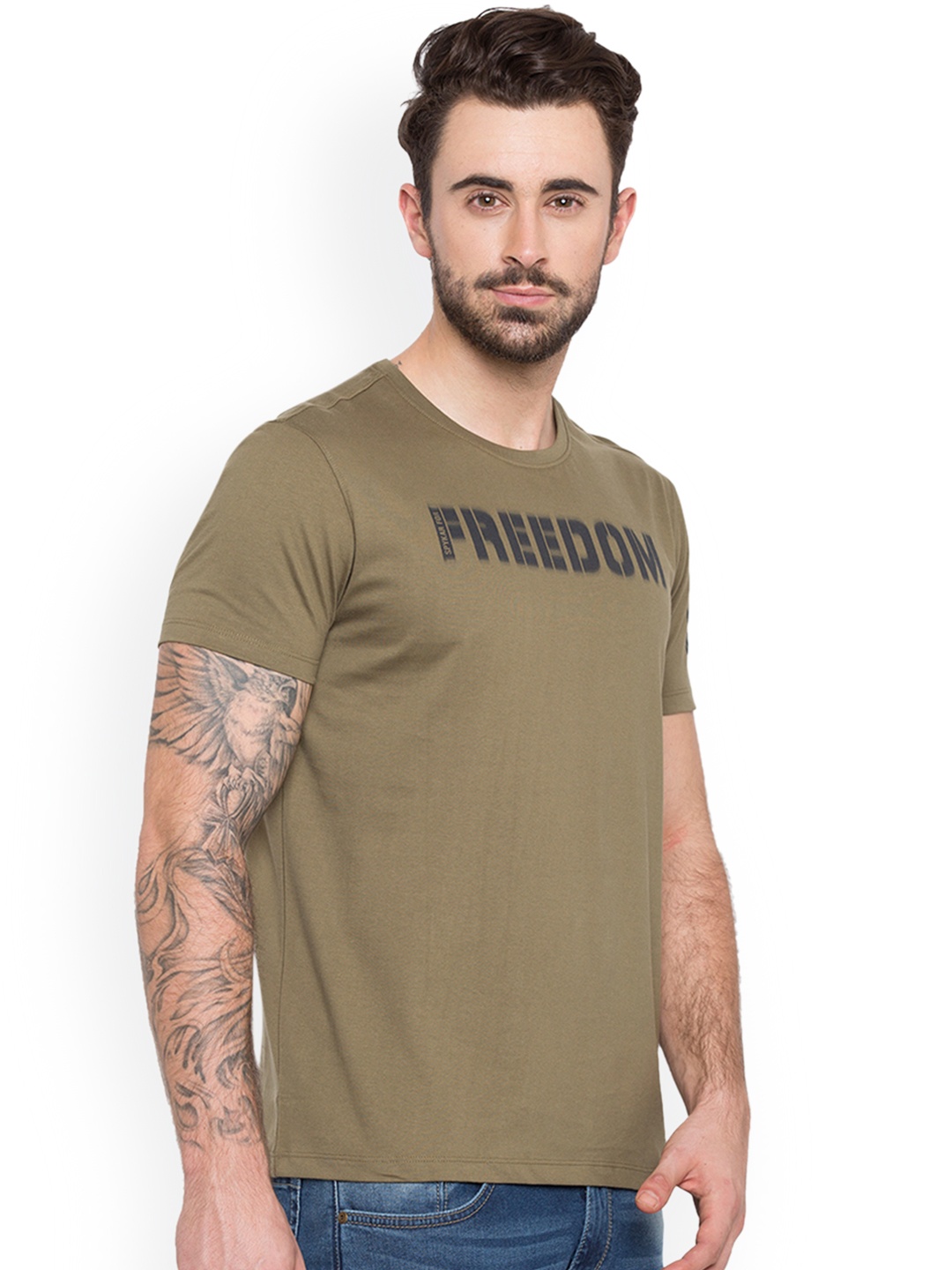 

SPYKAR Men Green Printed Round Neck Pure Cotton T-shirt