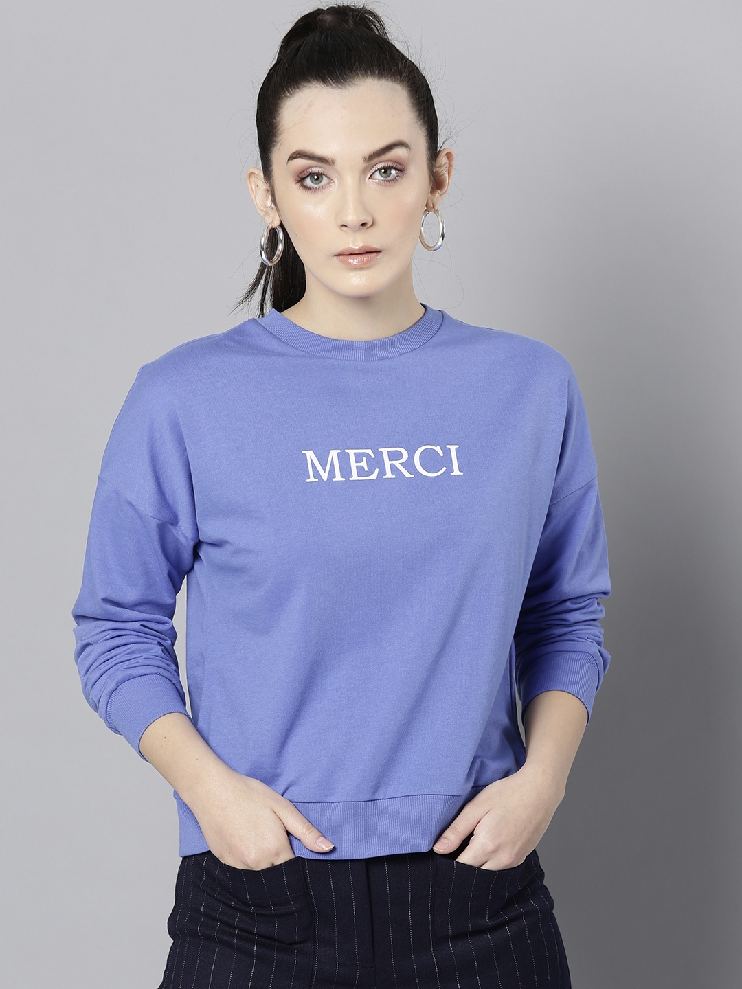 

Harpa Women Blue Solid Sweatshirt with Printed Detail