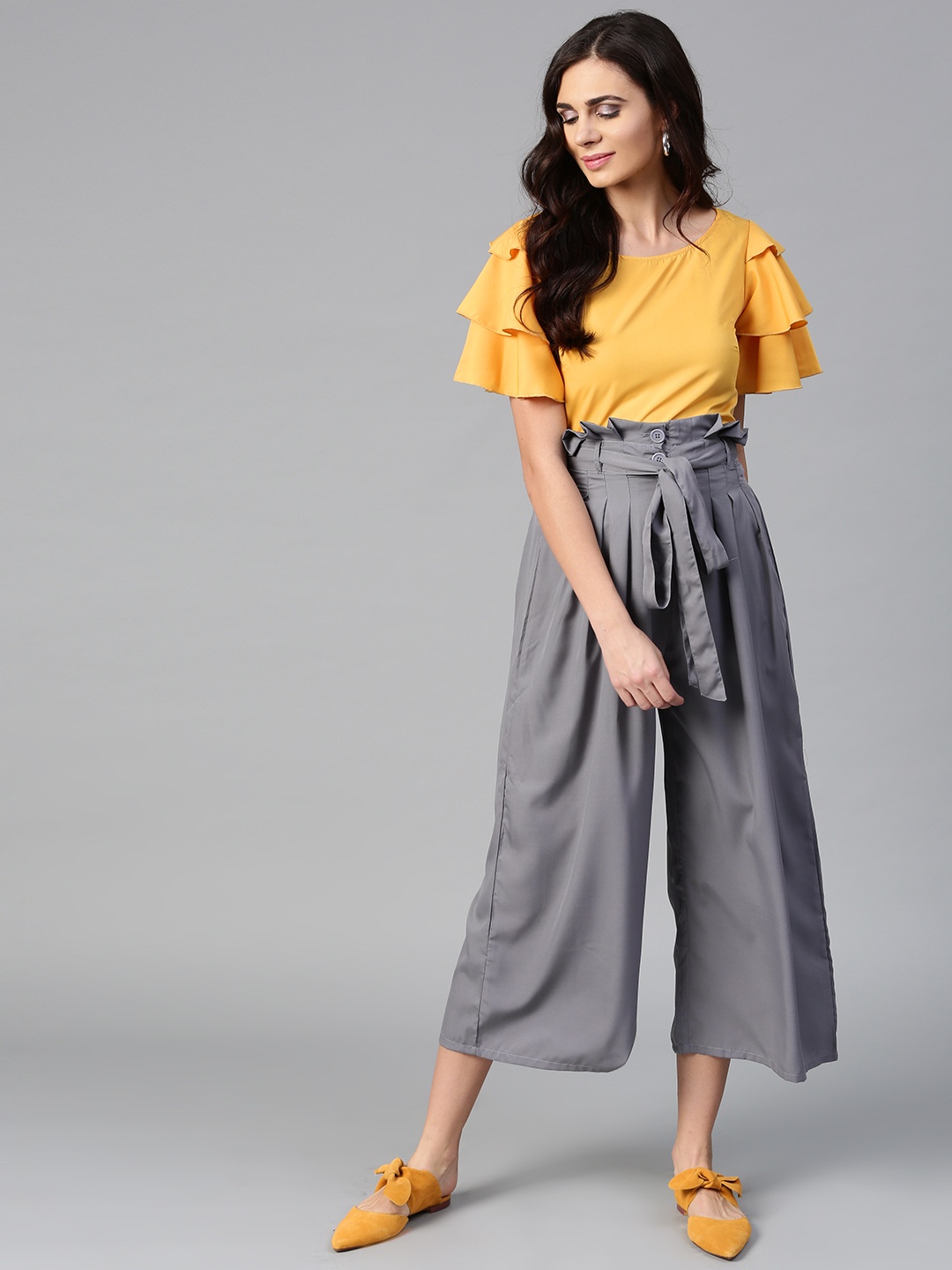 

Bitterlime Women Mustard Yellow & Grey Solid Top with Culottes