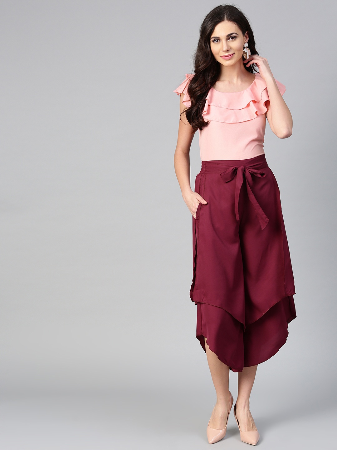 

Bitterlime Women Peach-Coloured & Burgundy Solid Top with Culottes