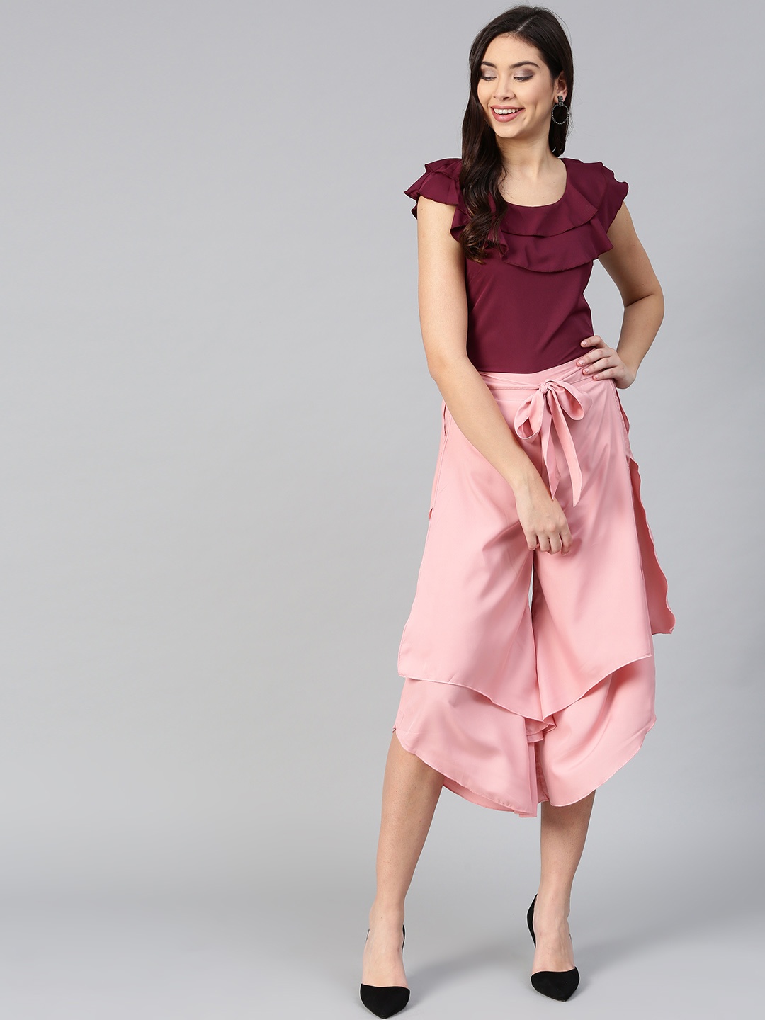 

Bitterlime Women Burgundy & Peach-Coloured Solid Top with Trousers