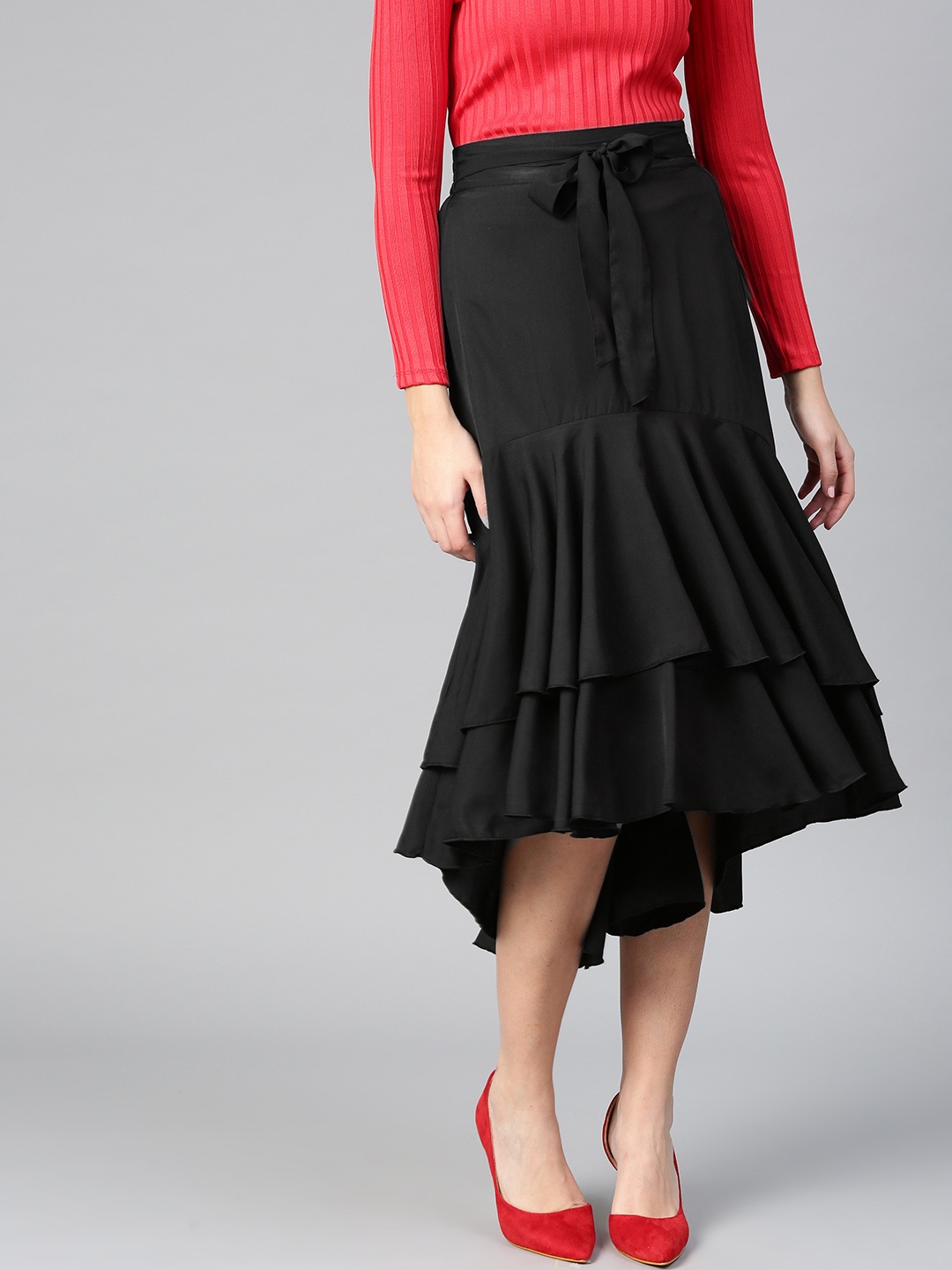

Bitterlime Black Ruffled Layered A-line Skirt