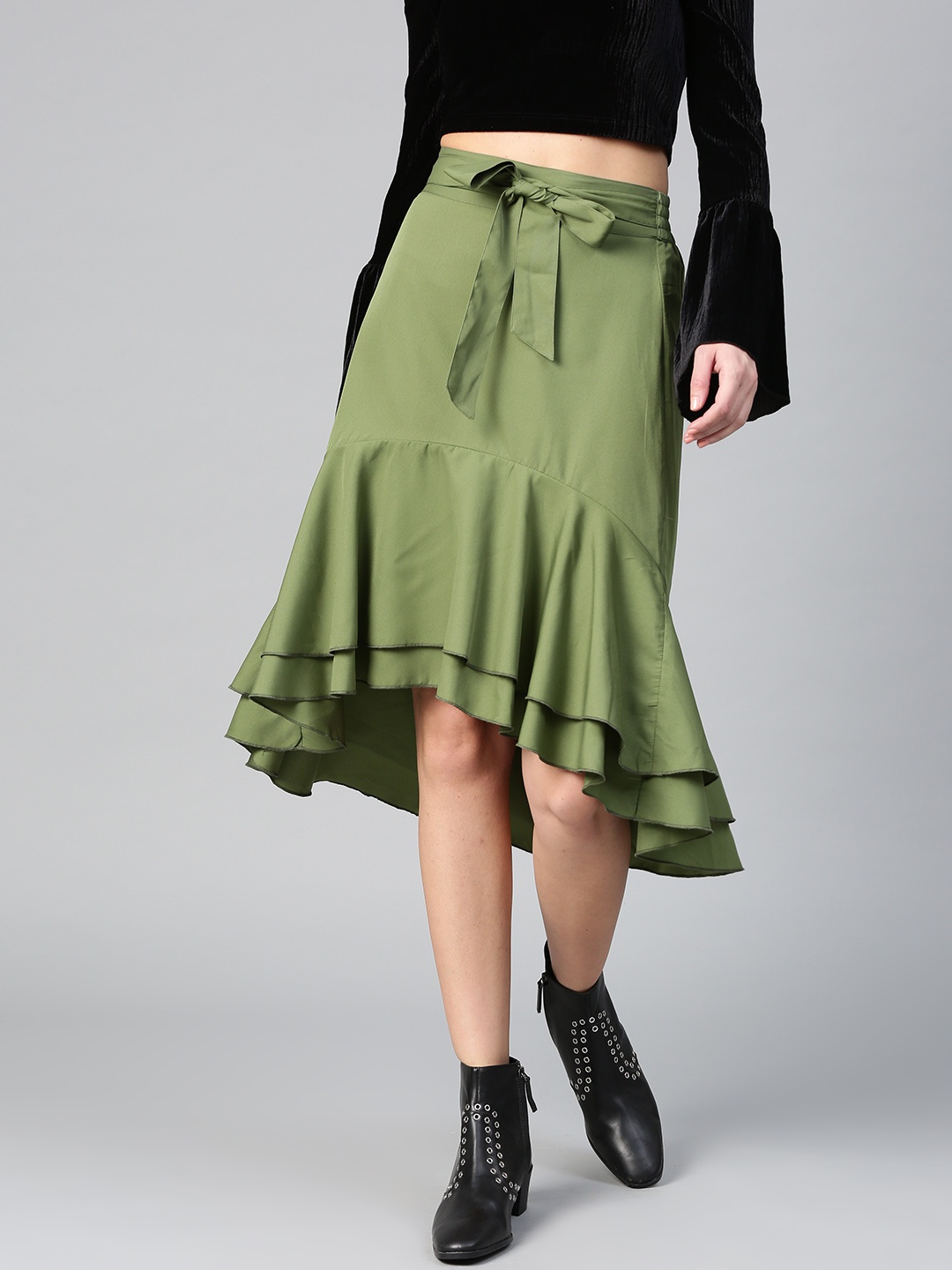 

Bitterlime Women Olive Green Solid Ruffled Layered A-line Skirt