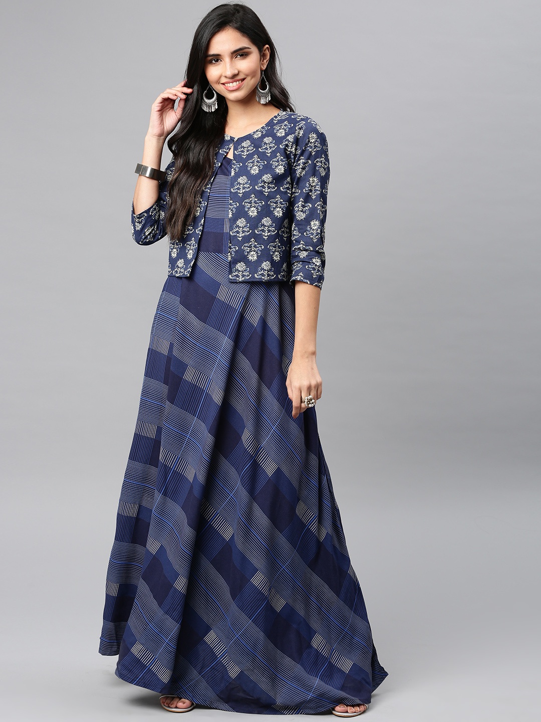 

Vishudh Navy Blue Checked Maxi Dress with Shrug