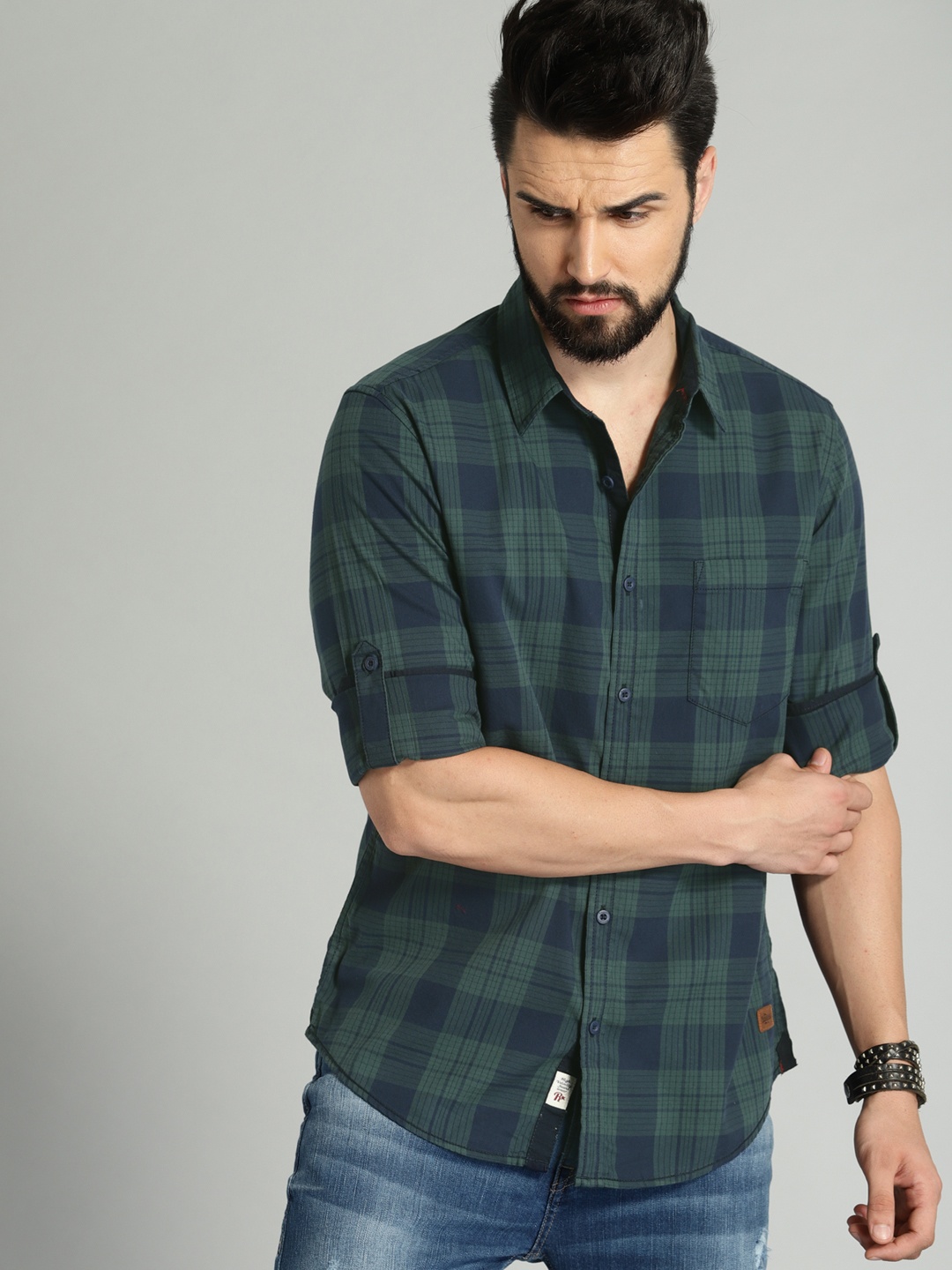 

Roadster Men Navy Blue & Green Summer Check Casual Shirt