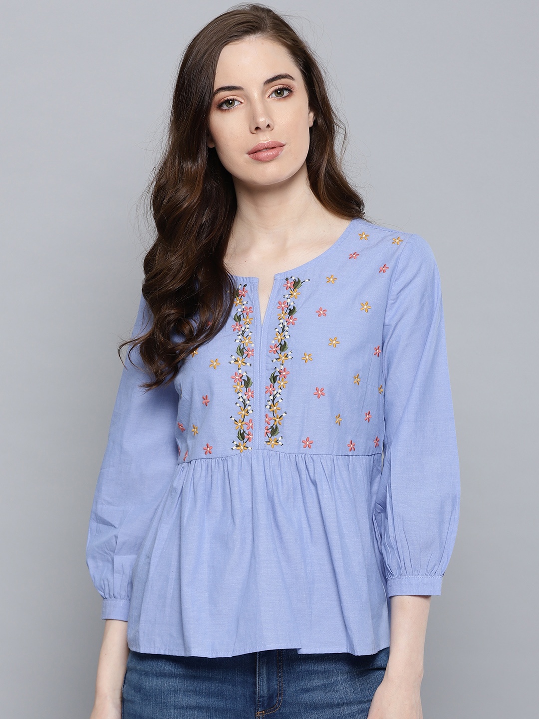 

Chemistry Women Blue Embroidered A-Line Pure Cotton Top
