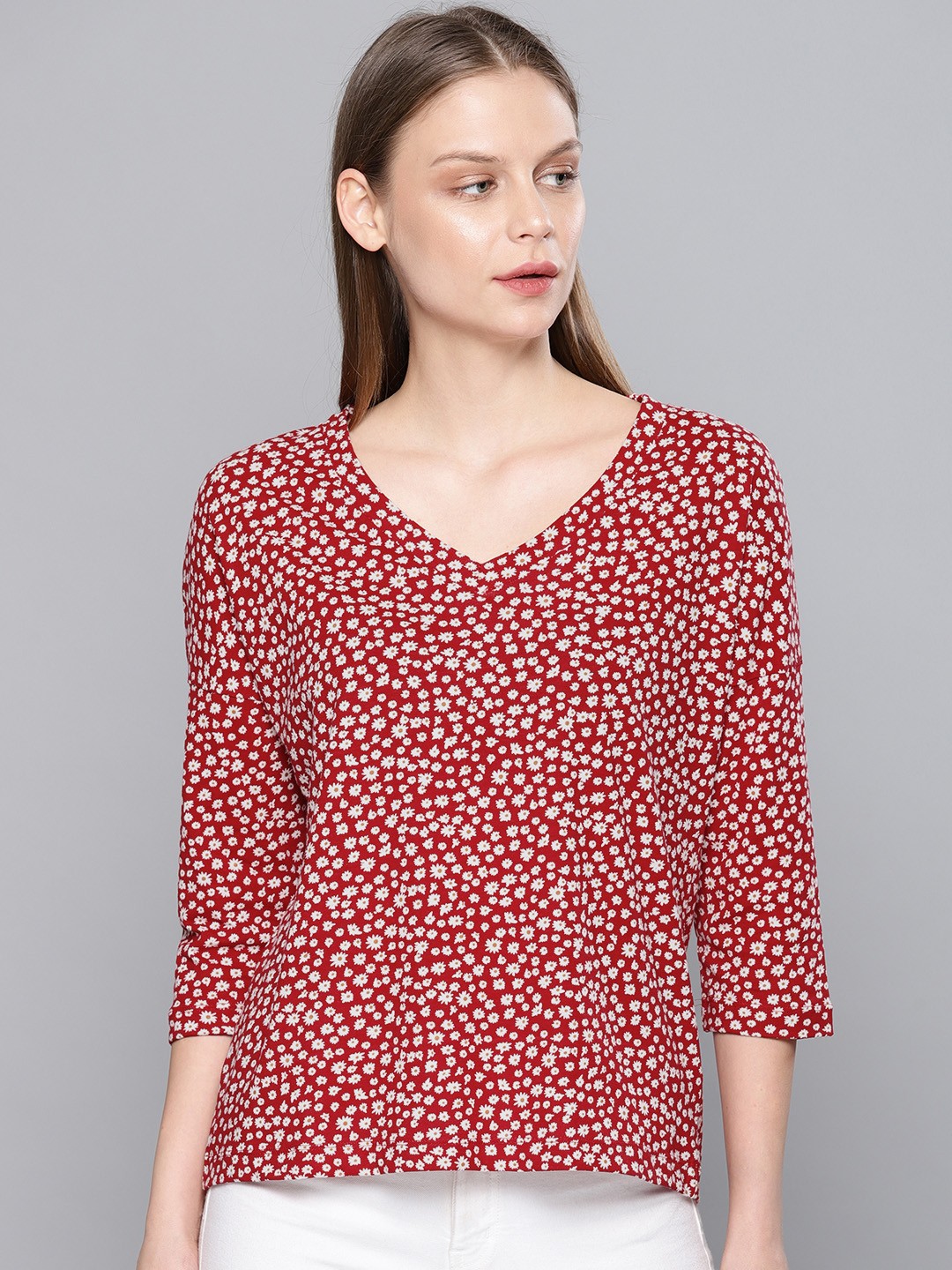 

Chemistry Women Red Printed V-Neck Pure Cotton T-shirt
