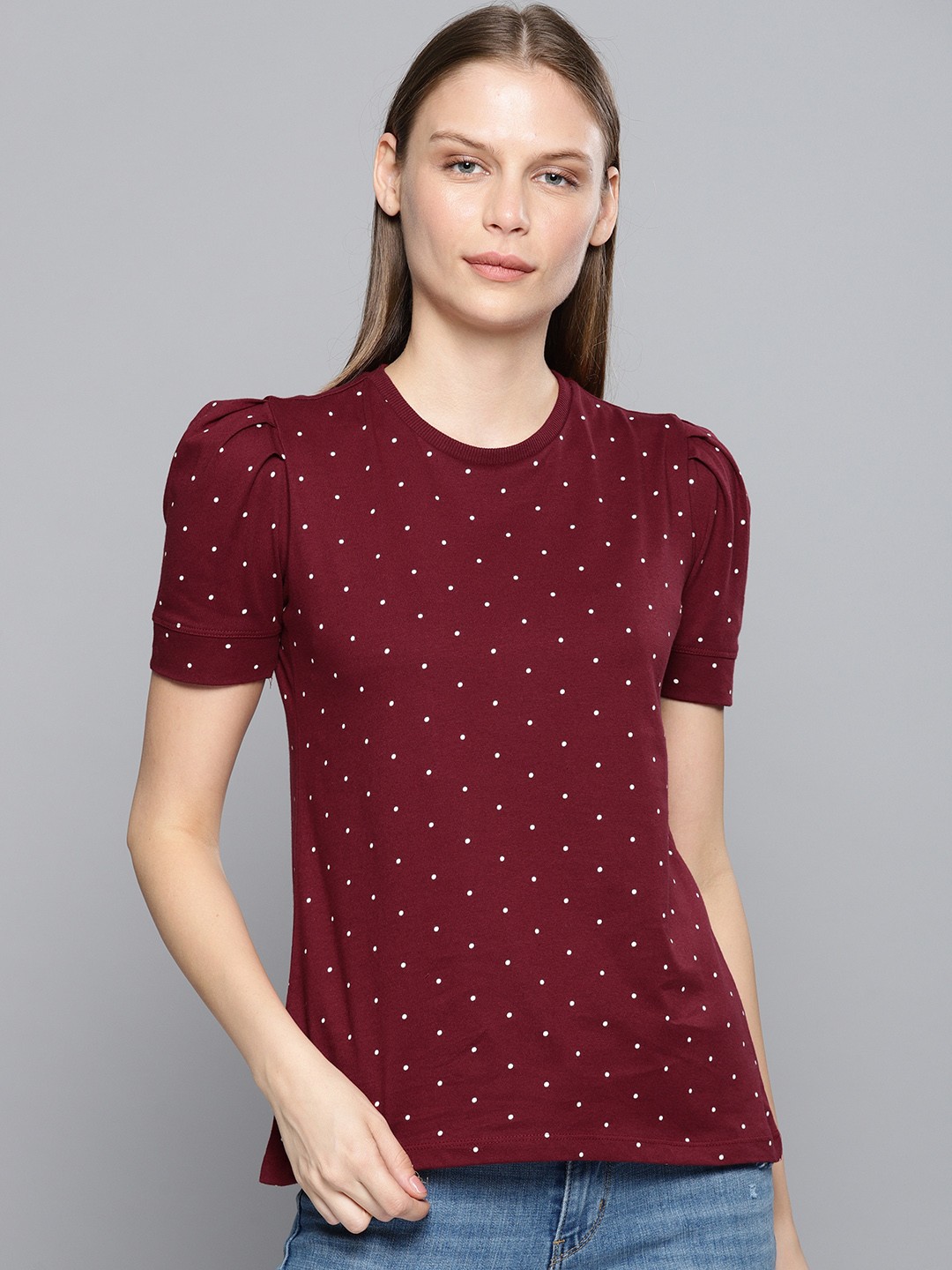 

Chemistry Women Maroon White Printed Round Neck Pure Cotton T-shirt