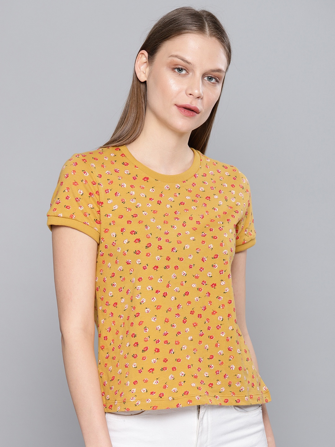 

Chemistry Women Mustard Yellow Printed Round Neck Pure Cotton T-shirt