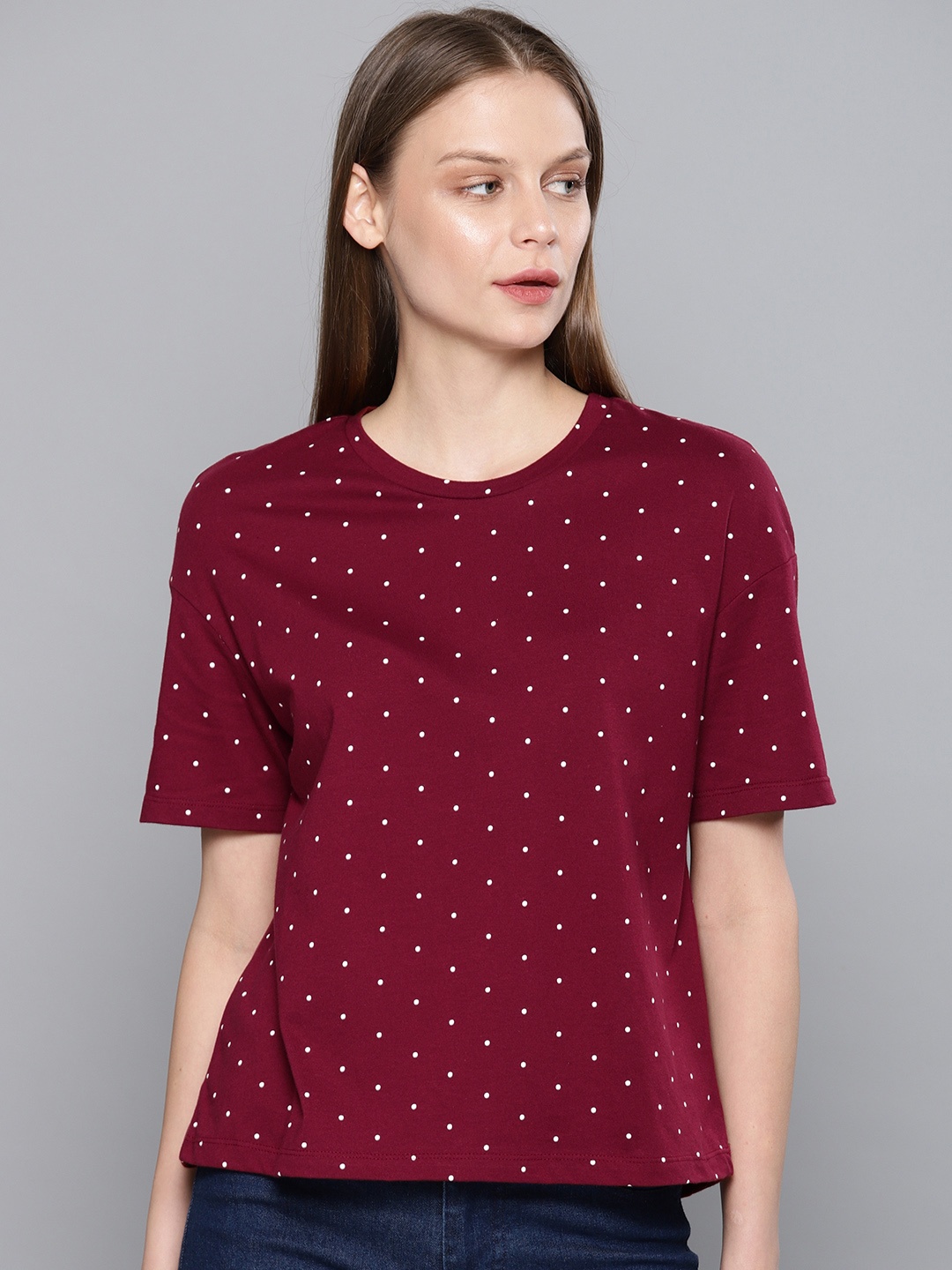 

Chemistry Women Maroon Printed Round Neck Pure Cotton T-shirt