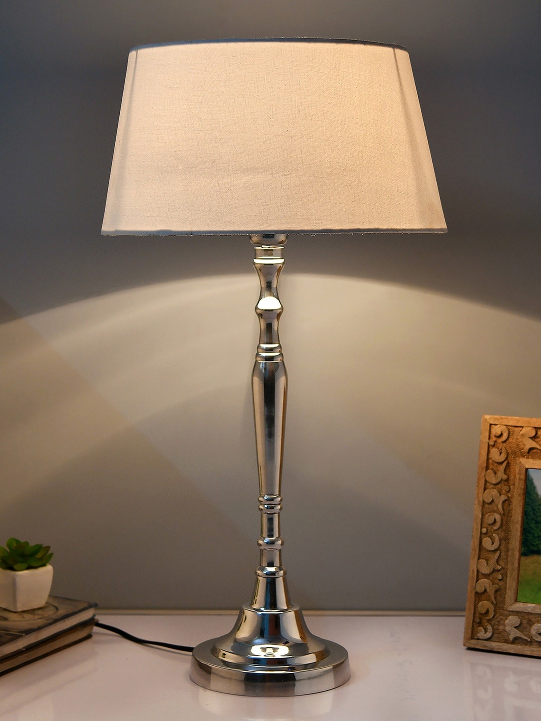 

Homesake Silver-Toned & White Solid Handcrafted Bedside Standard Table Lamp