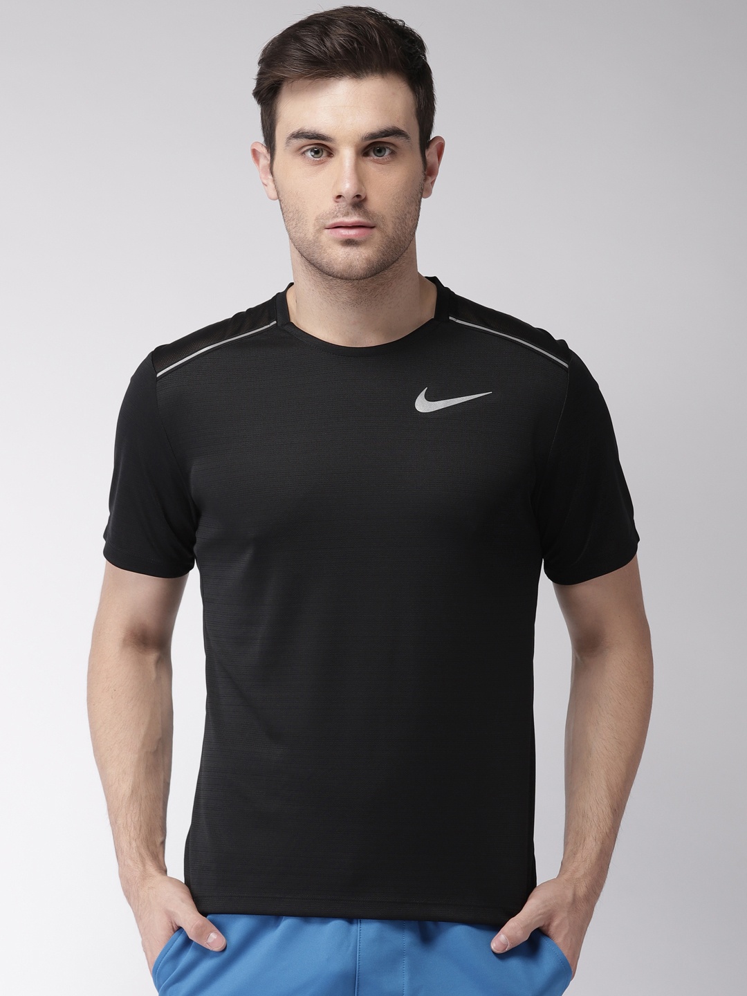 

Nike Men Black Standard Fit Solid AS M NK DRY MILER DRI-FIT Running T-shirt