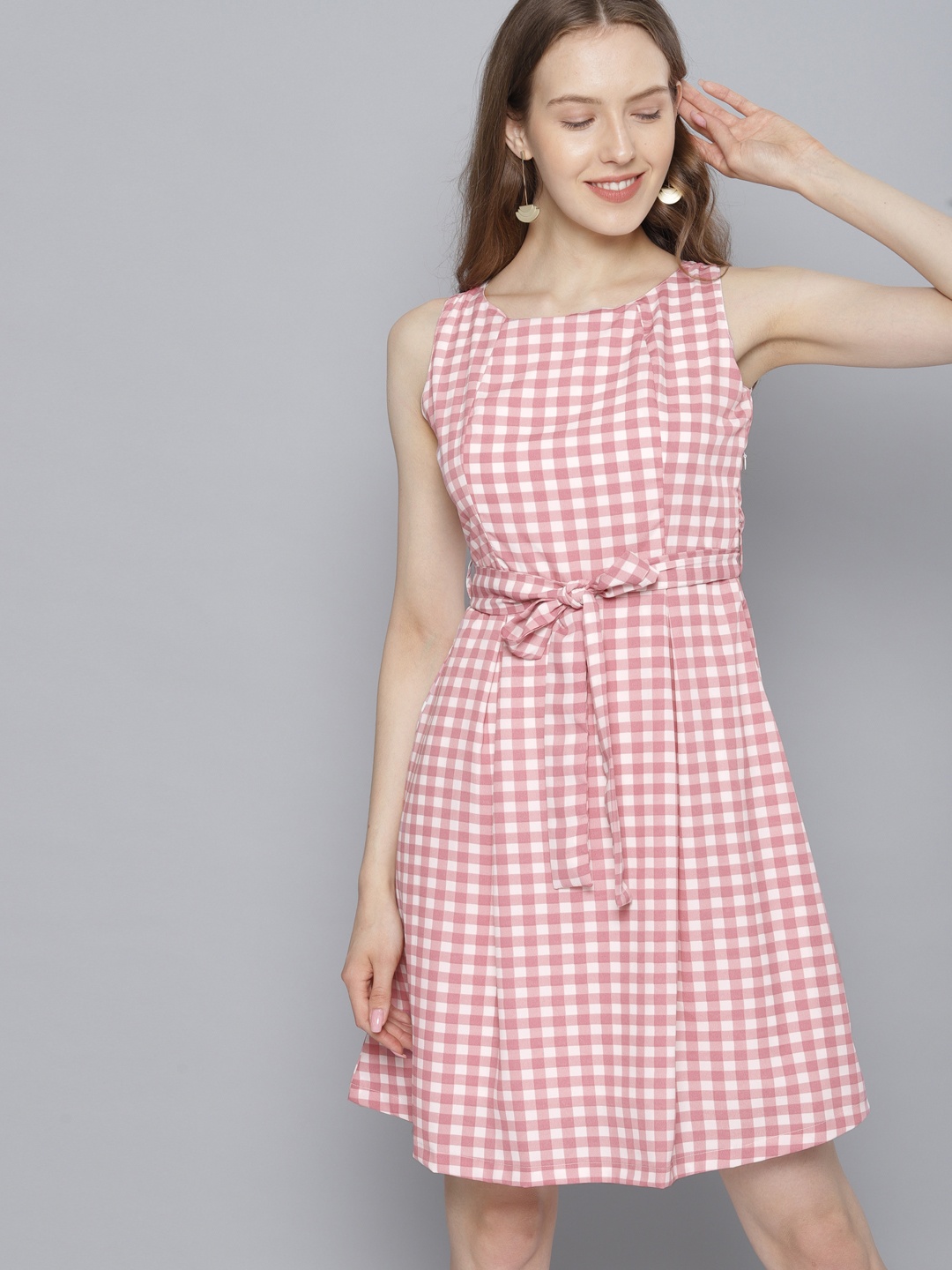 

Tokyo Talkies White & Pink Checked Fit and Flare Dress