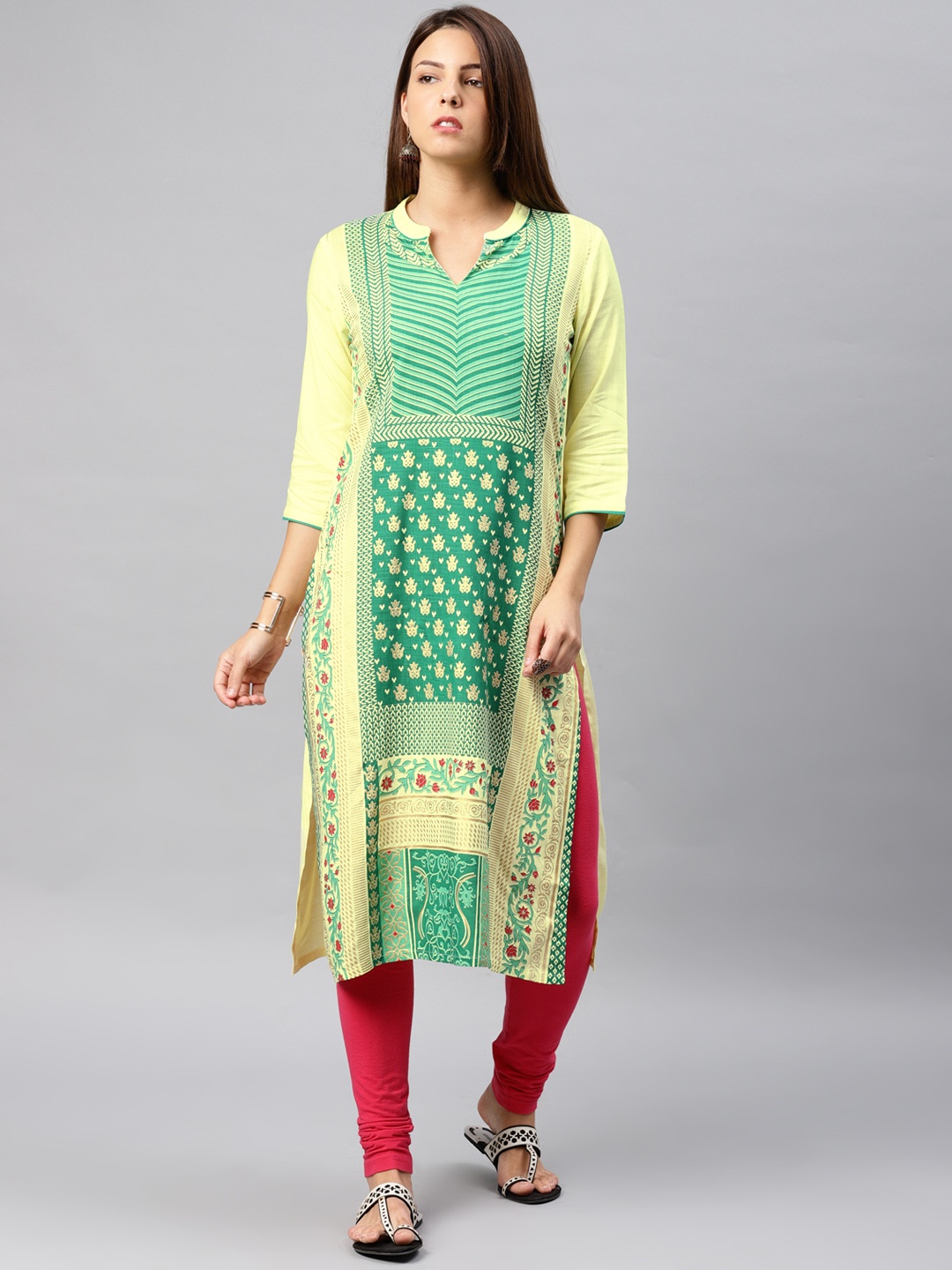 

Alena Women Green & Yellow Printed Straight Kurta