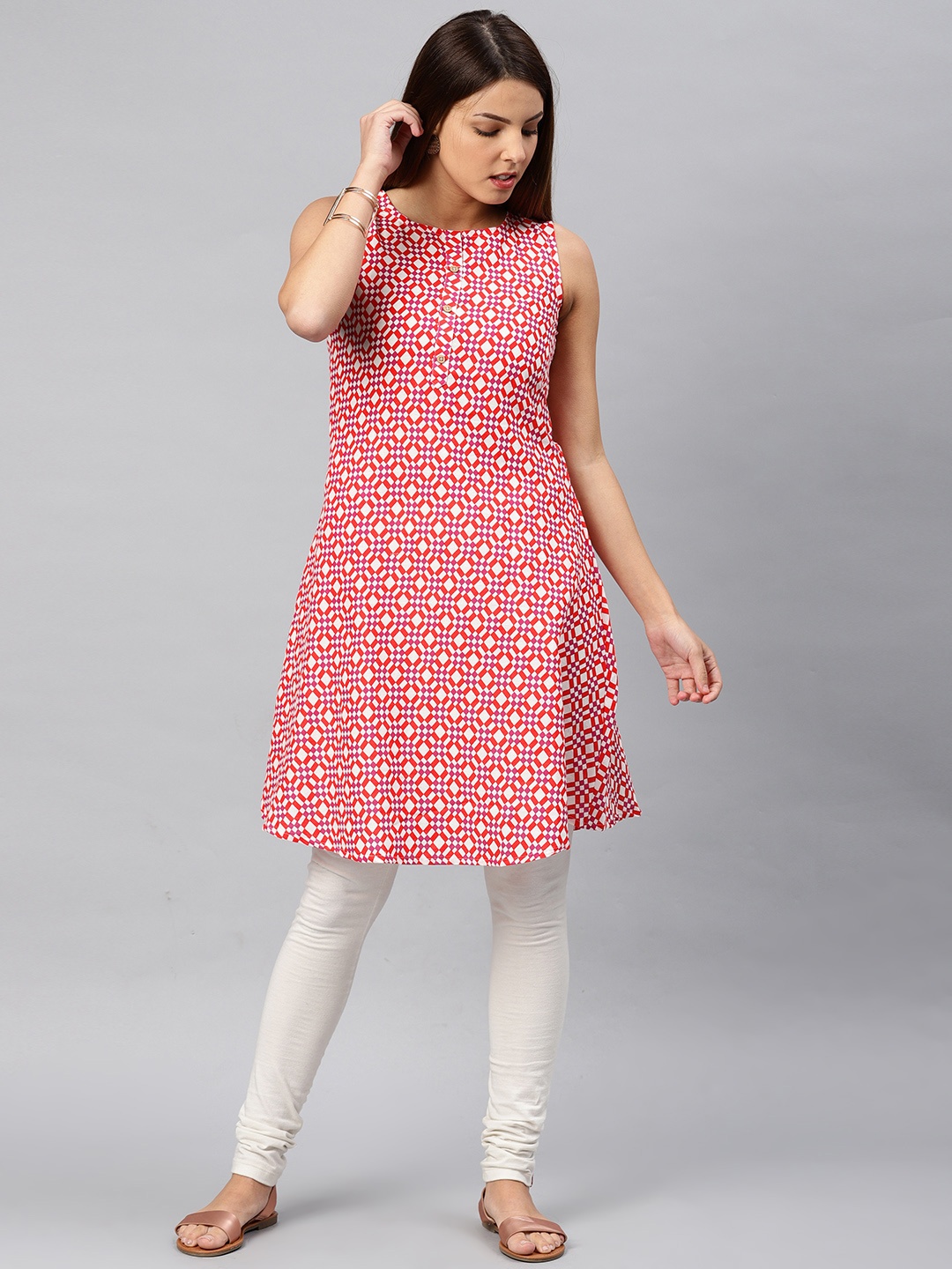 

Alena Women Red & Off-White Printed A-Line Kurta