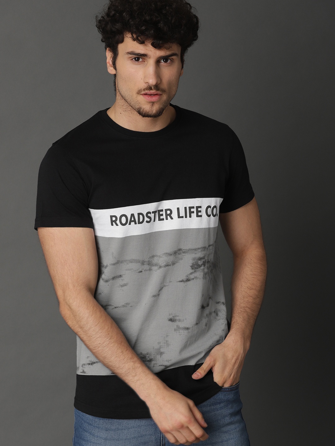 

Roadster Men Grey & Black Printed Colorblocked Round Neck T-shirt