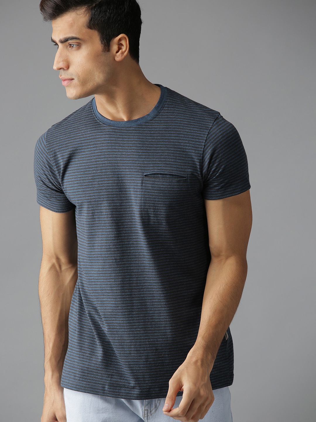 

Roadster Men Navy Blue & Charcoal Grey Striped Round Neck T-shirt