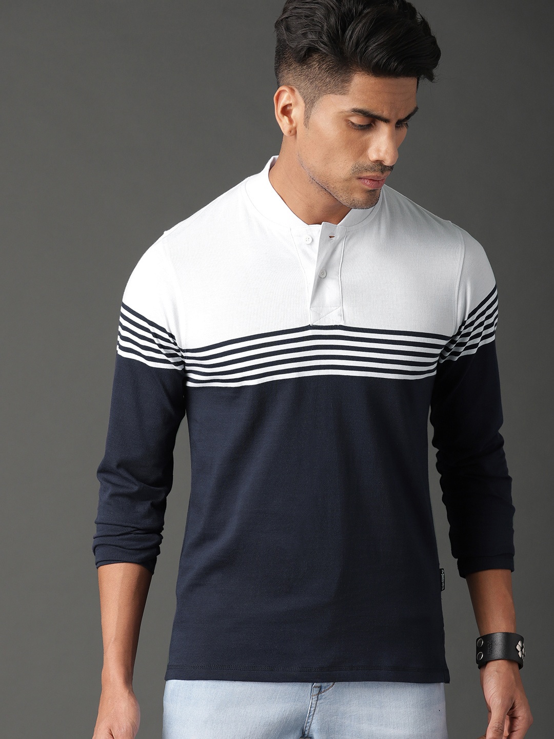 

Roadster Men Navy Blue White Colourblocked Polo Collar Pure Cotton T-shirt