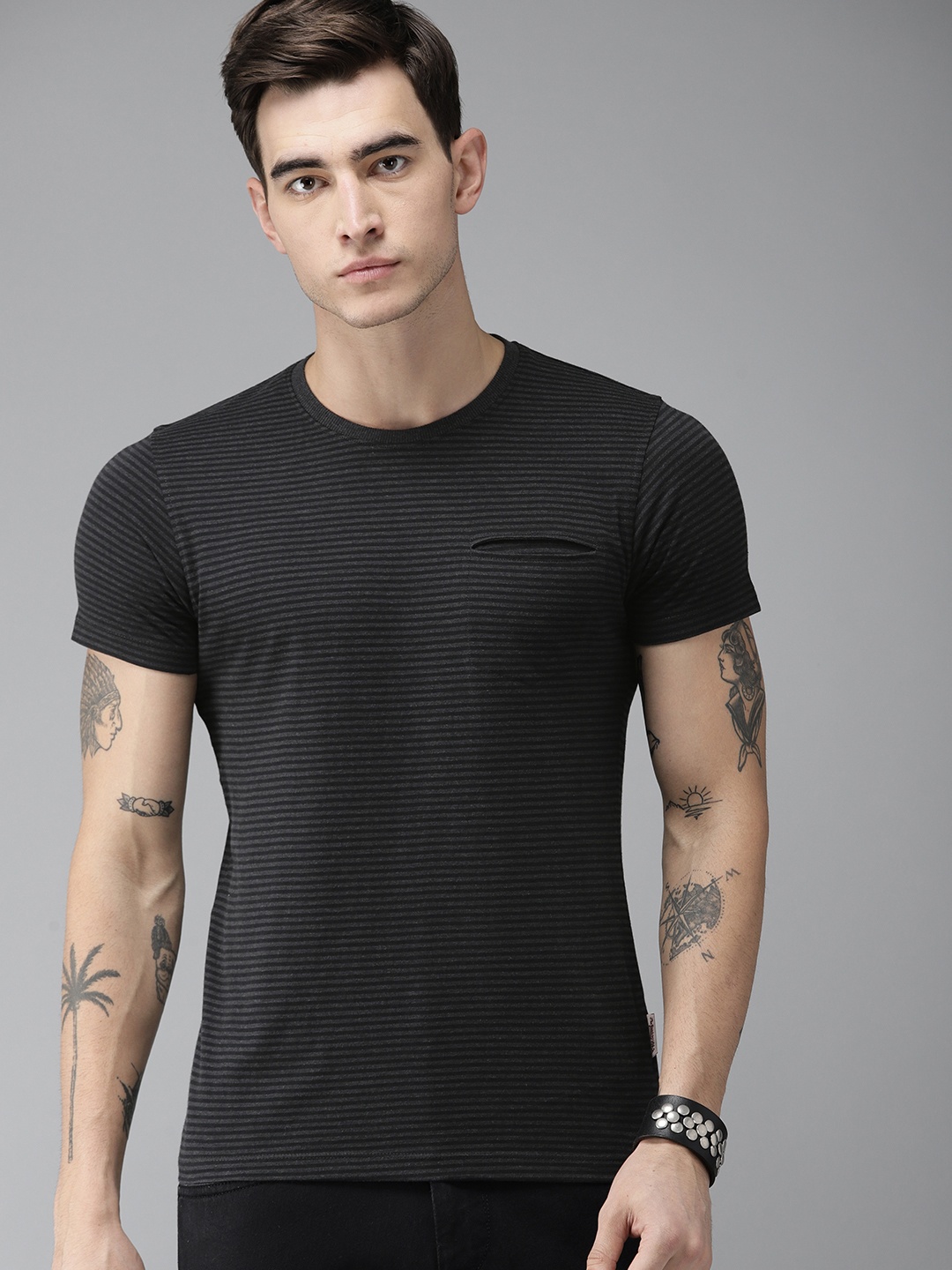 

Roadster Men Charcoal Grey Navy Blue Striped Round Neck Pure Cotton T-shirt