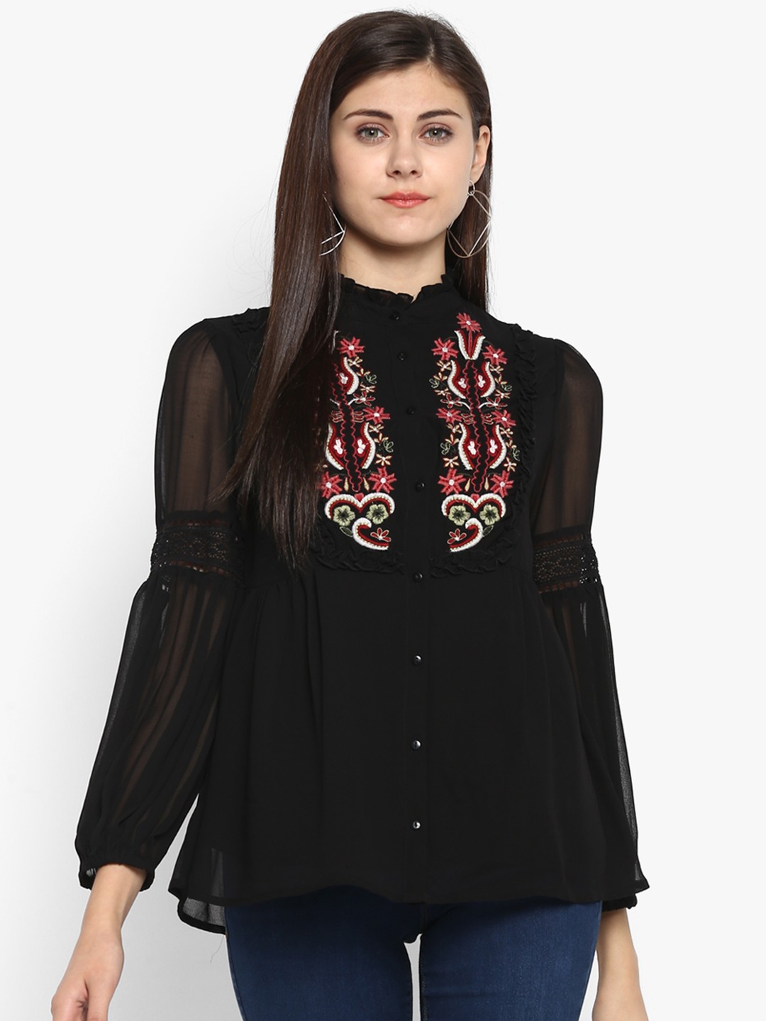 

Antheaa Women Black Embellished Blouson Top