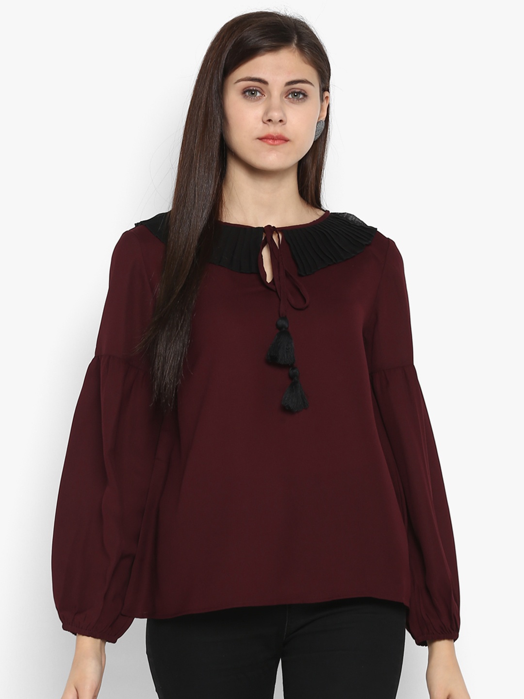 

Antheaa Women Burgundy Solid Tie-Up Neck Top