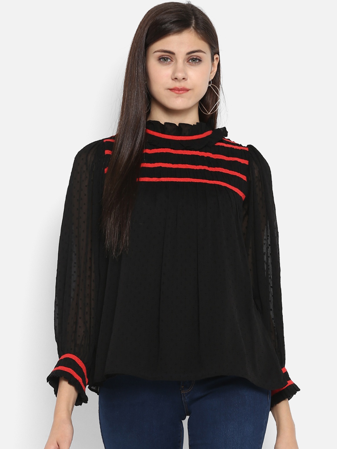 

Antheaa Women Black Solid Semi Sheer Blouson Top