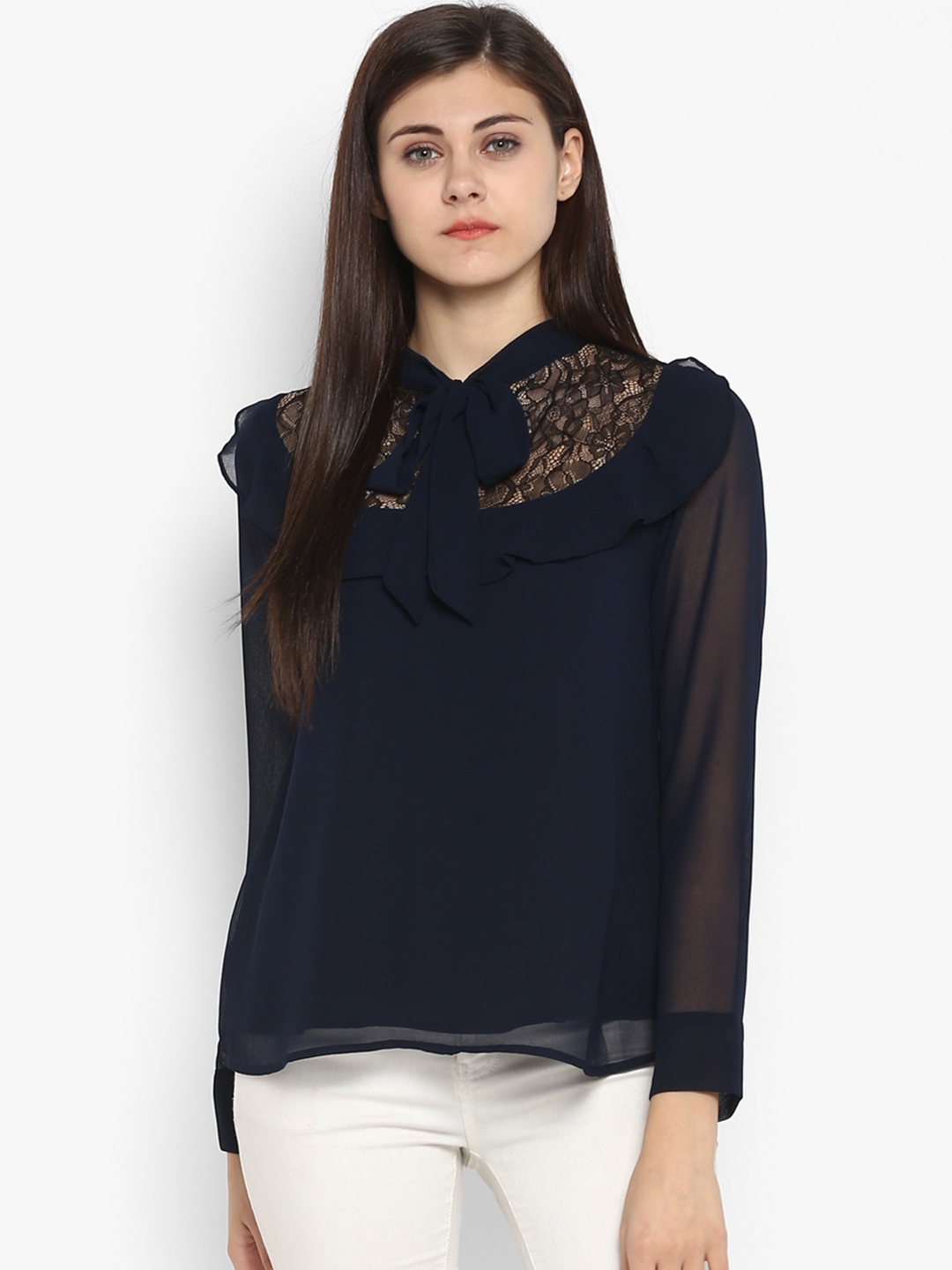 

Antheaa Women Navy Blue Solid Semi Sheer Top