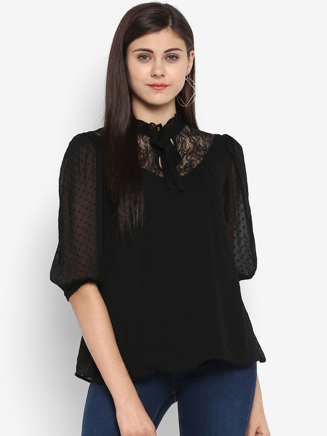 

Antheaa Women Black Self Design Top