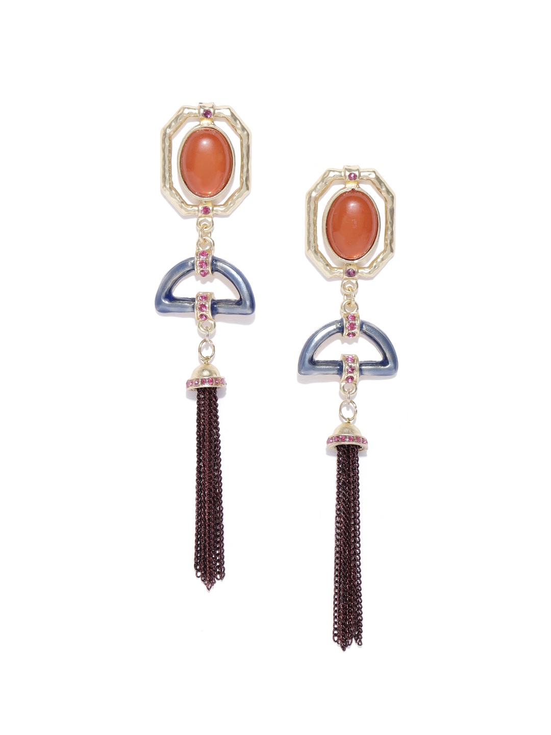 

Blueberry Orange & Brown Gold-Plated Tasselled Drop Earrings
