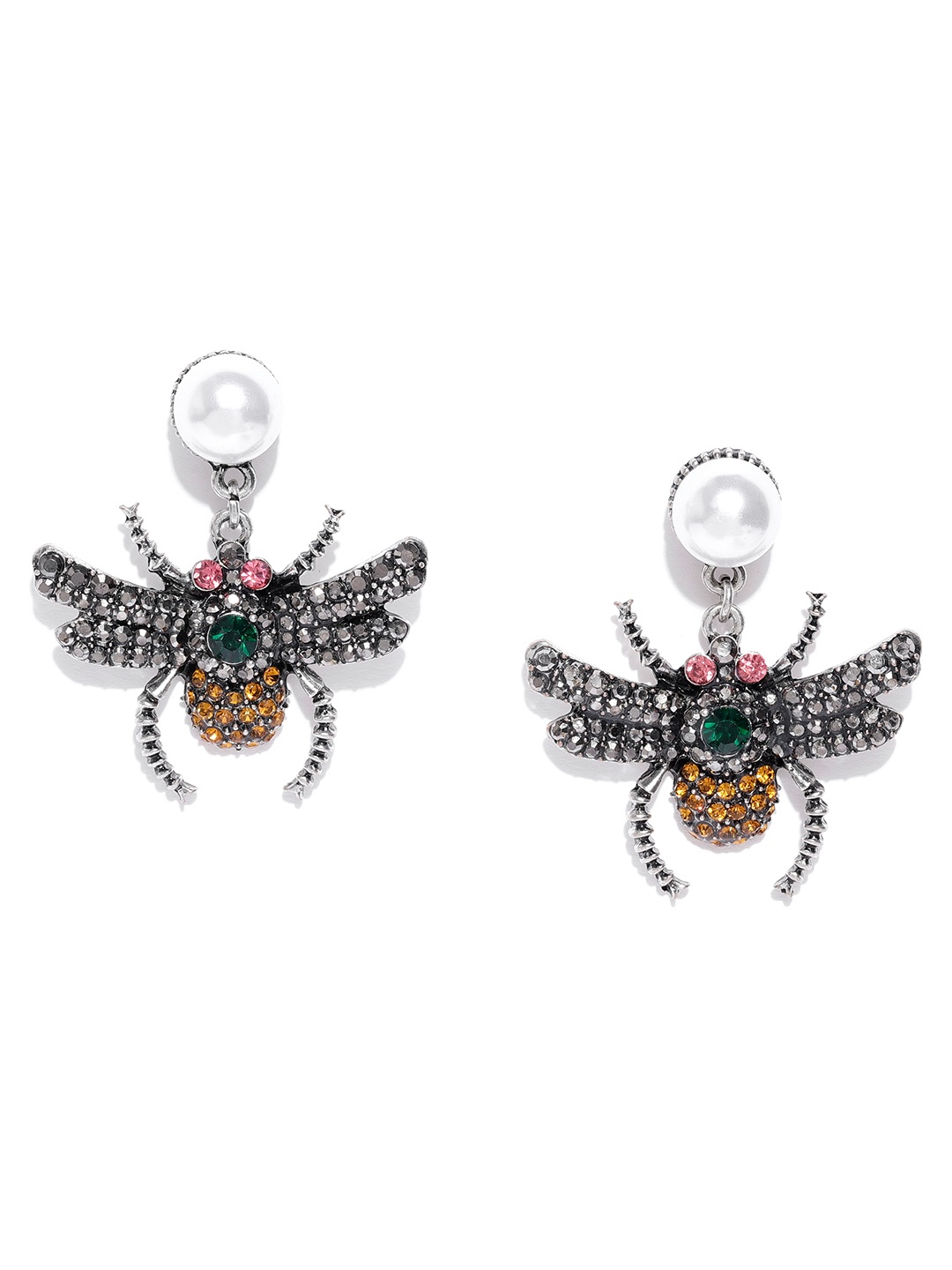 

Blueberry Gunmetal-Toned & Orange Stone-Studded Animal-Shaped Drop Earrings, Metallic