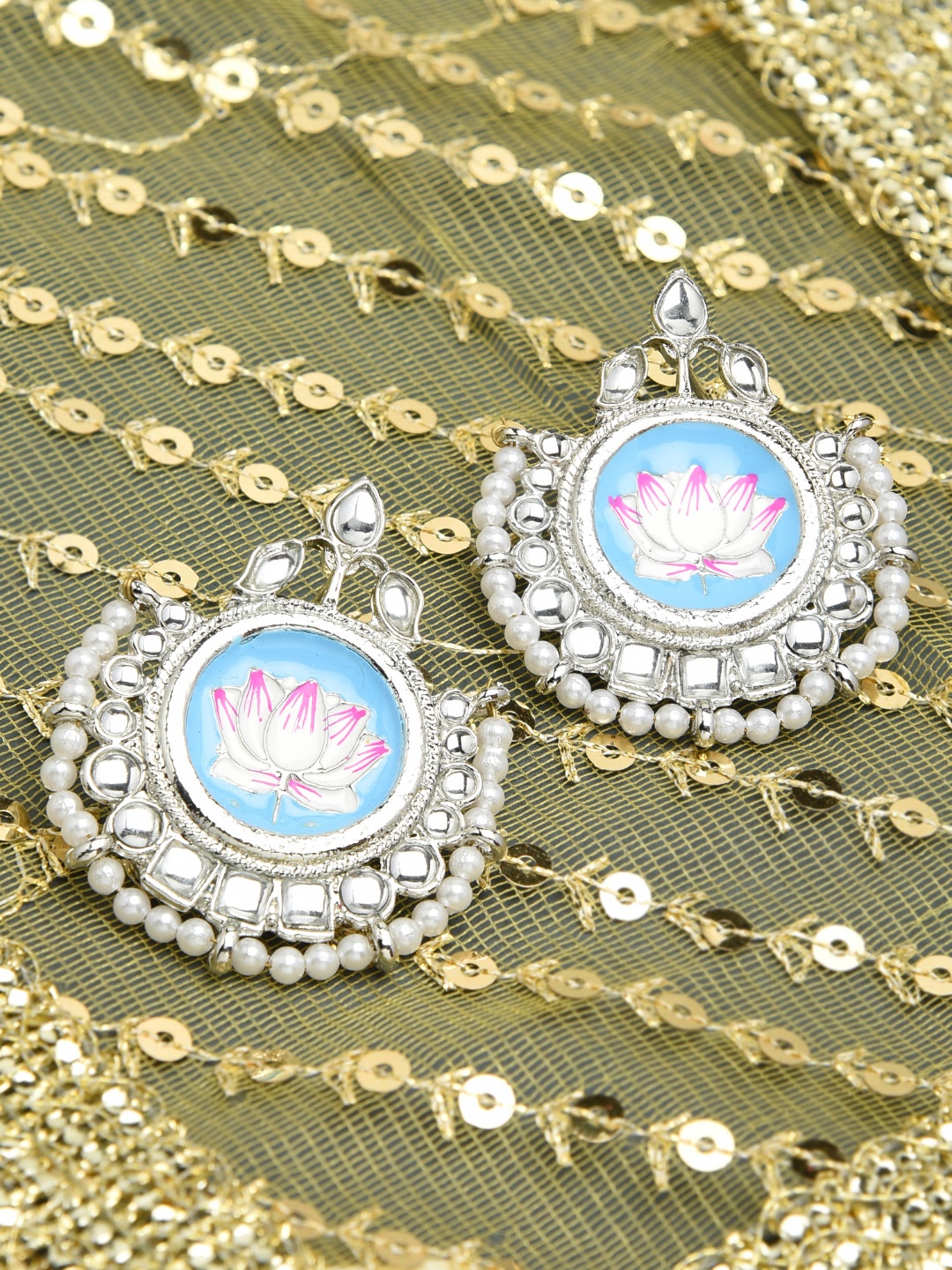 

Zaveri Pearls Silver-Toned & Blue Circular Drop Earrings