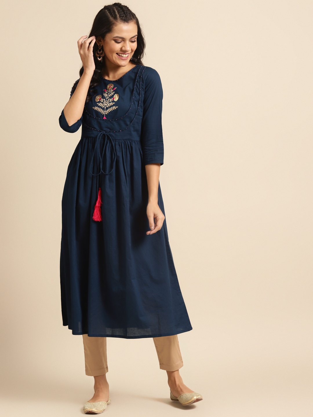 

Varanga Women Navy Blue Pure Cotton Yoke Design Sequins Indigo Kurta