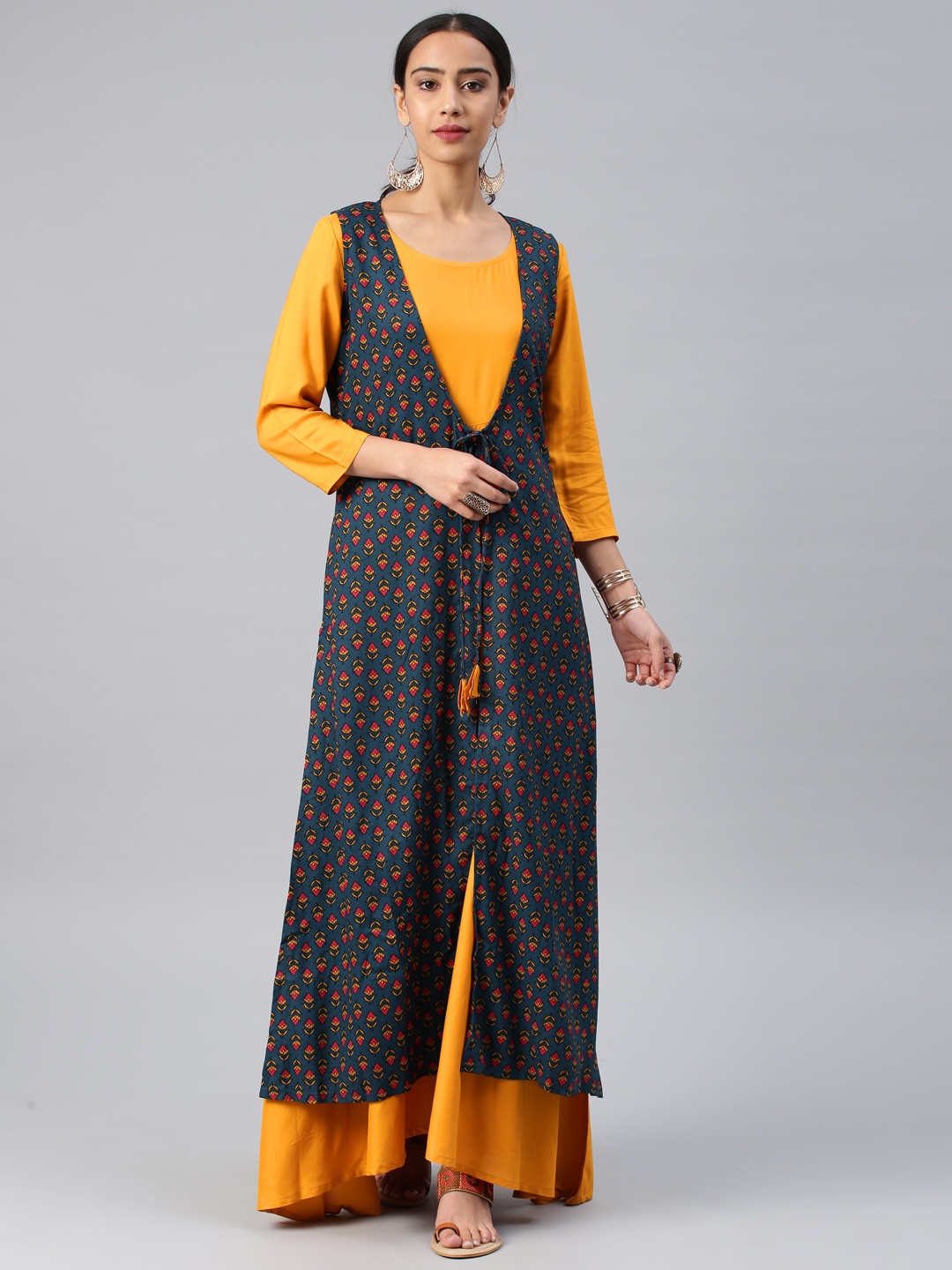 

Vishudh Women Mustard & Teal Printed A-Line Kurta