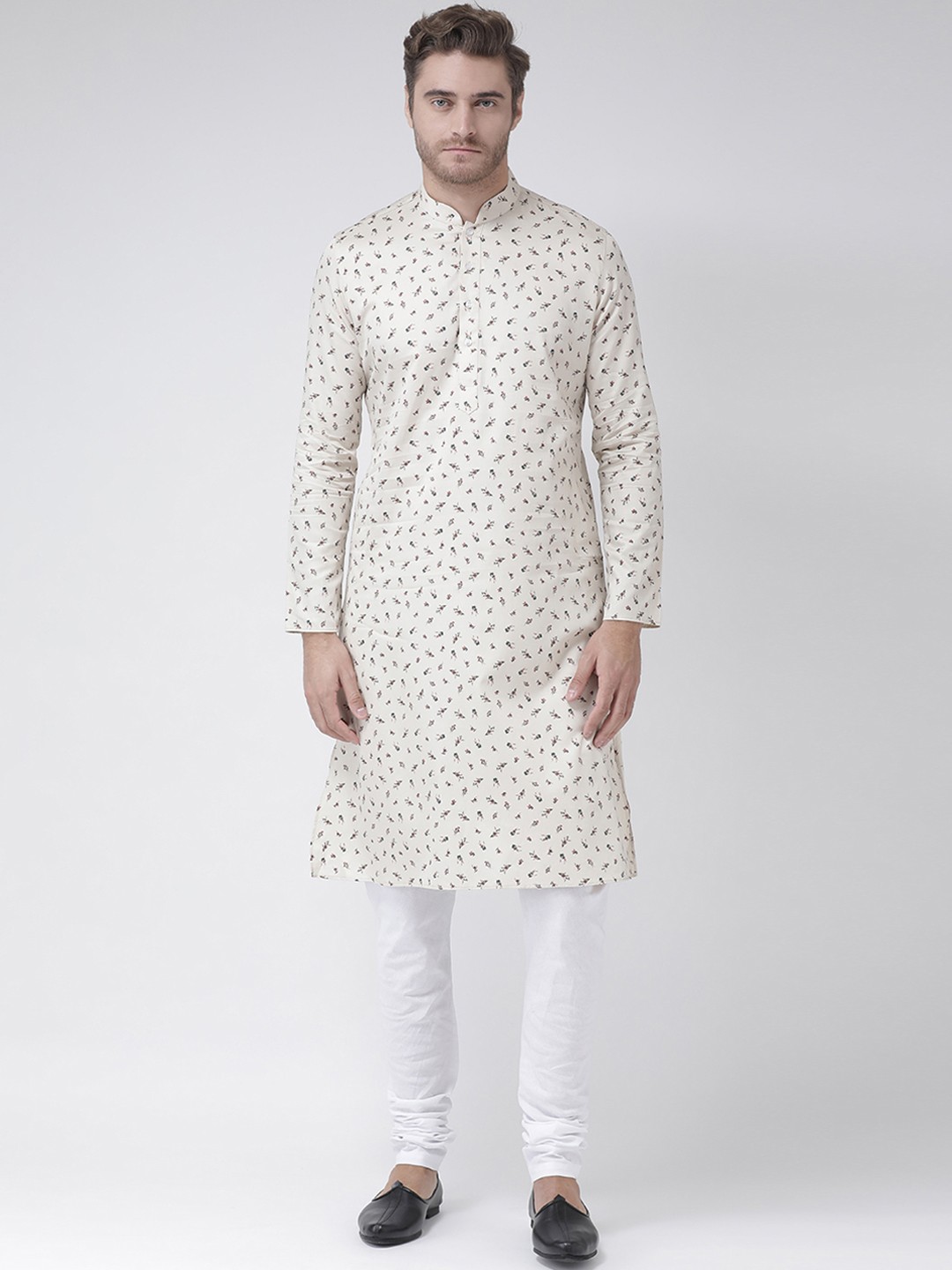 

DEYANN Men Cream-Coloured & White Printed Kurta with Churidar
