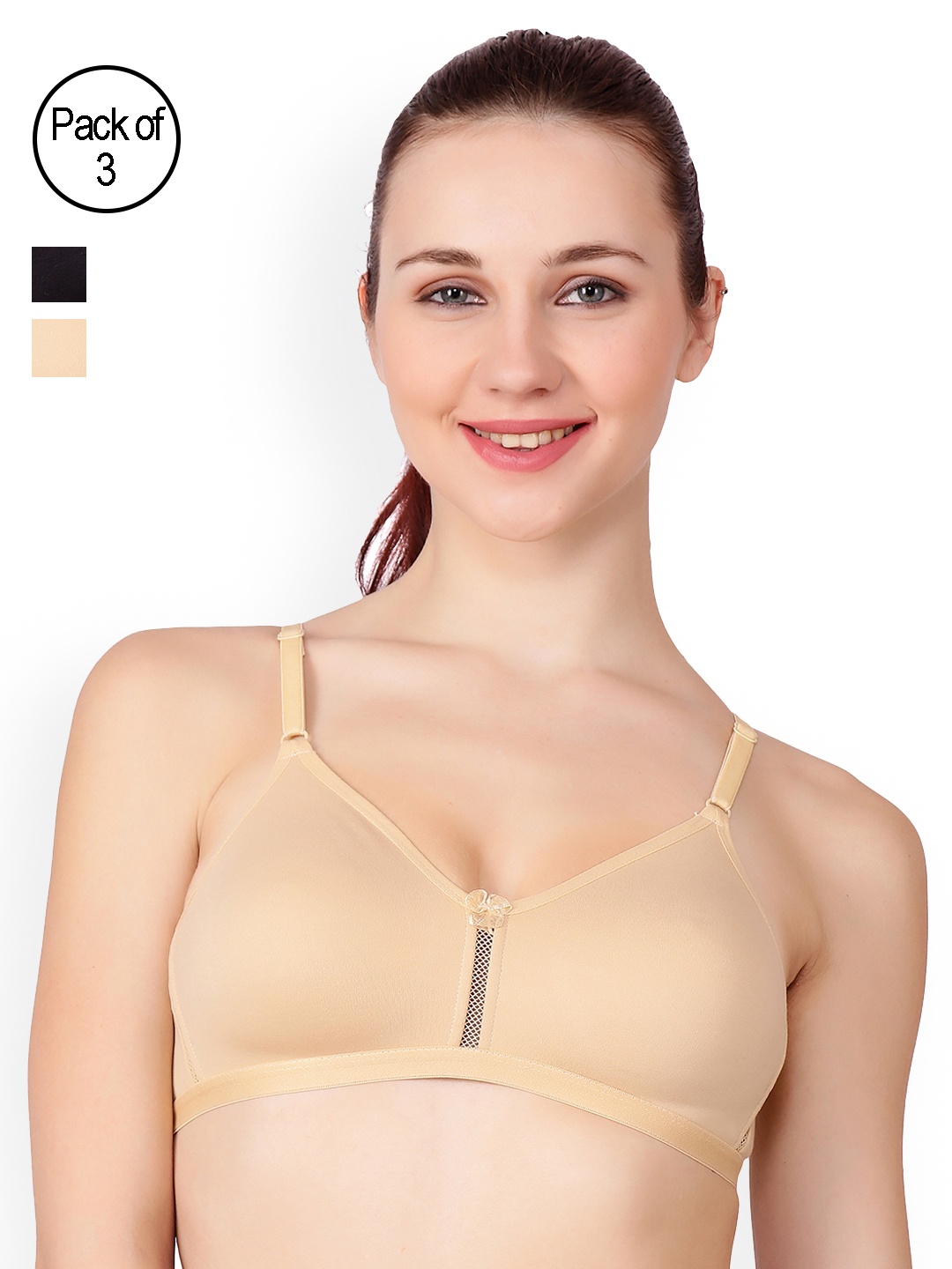 

Floret Beige & Black Solid Pack Of 3 Non-Wired T-shirt Bra Katrina_Skin-Black-Skin_40B