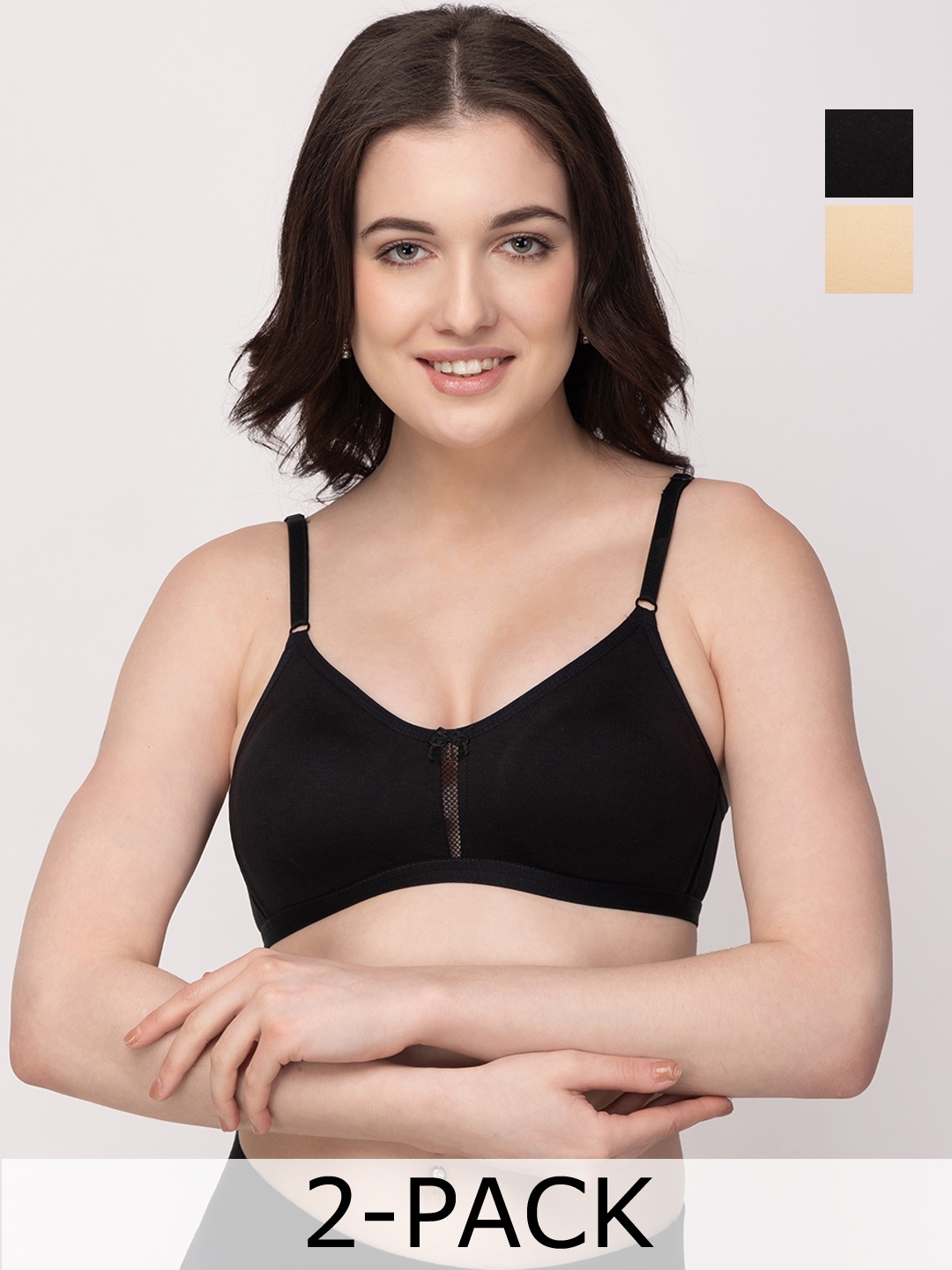 

Floret Black & Beige Solid Non-Wired Pack Of 2 T-shirt Bra Katrina_Black-Skin_40B
