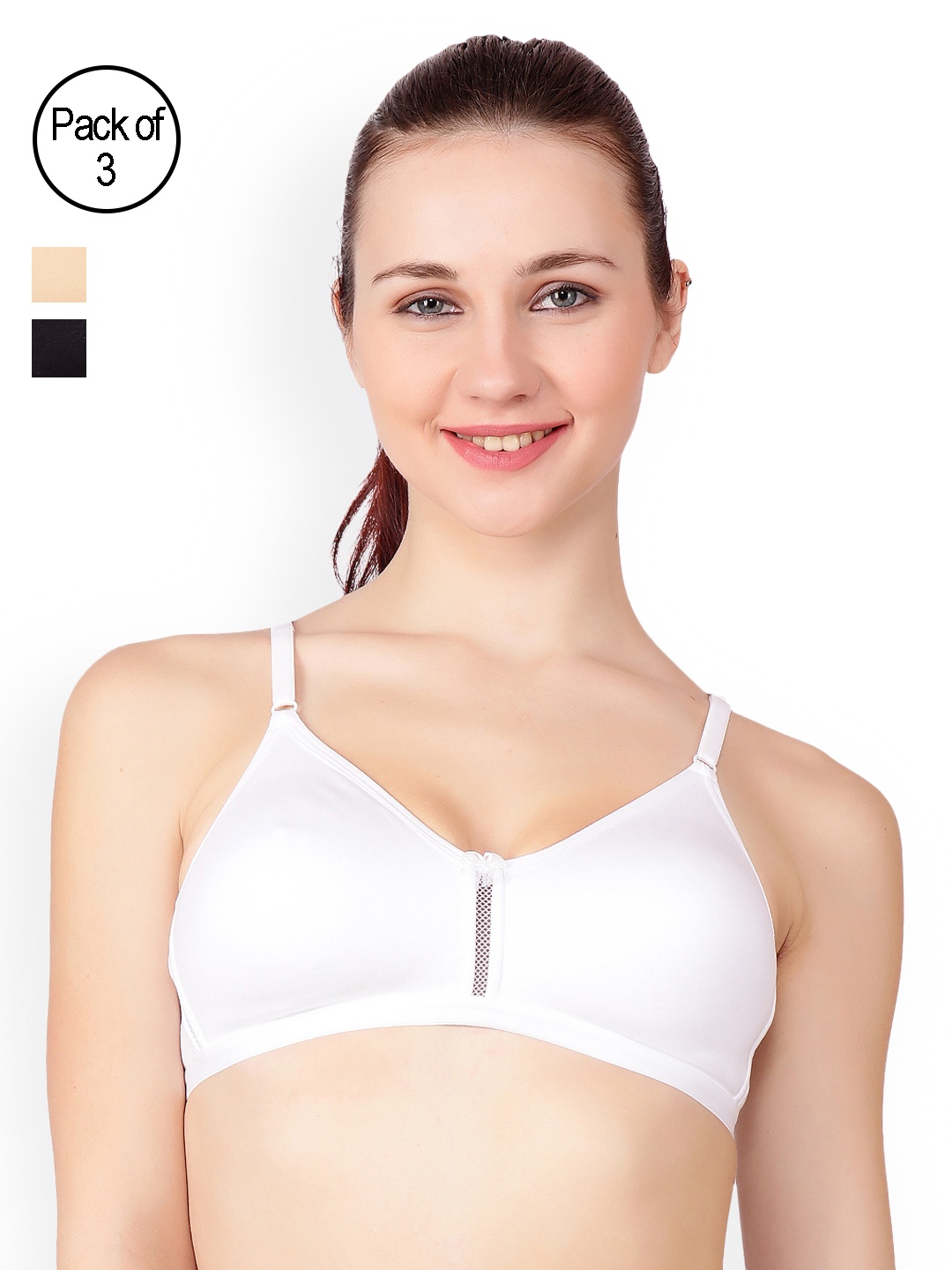 

Floret White & Beige Pack Of 3 Solid Non-Wired T-shirt Bra Katrina_White-Skin-Black_40B