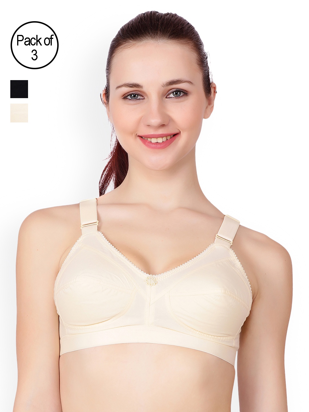 

Floret Beige & Black Solid Pack Of 3 Non-Wired Everyday Bra Sherry_Skin-Black-Skin_40B