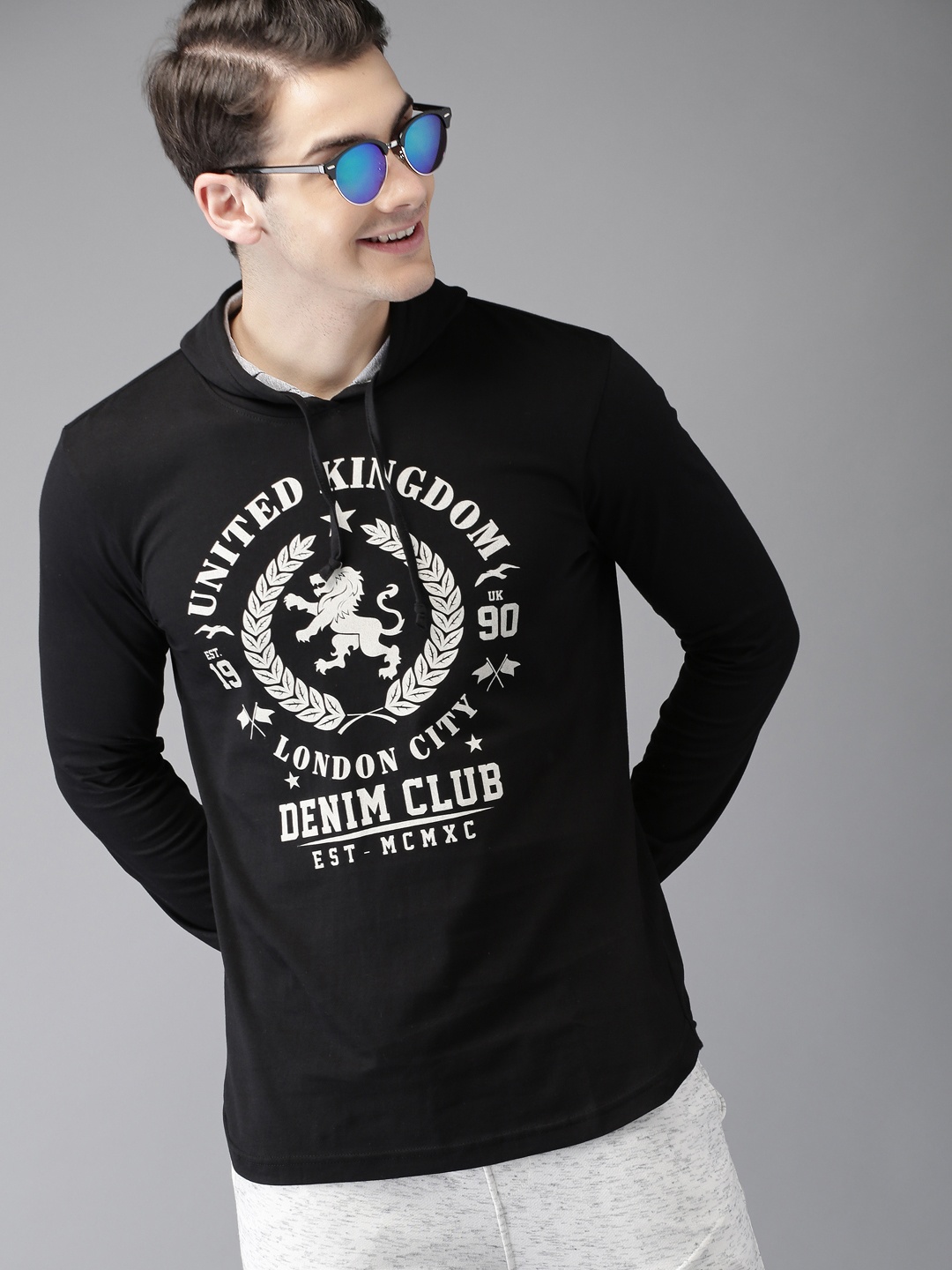 

HERENOW Men Black Printed Hood Pure Cotton T-shirt