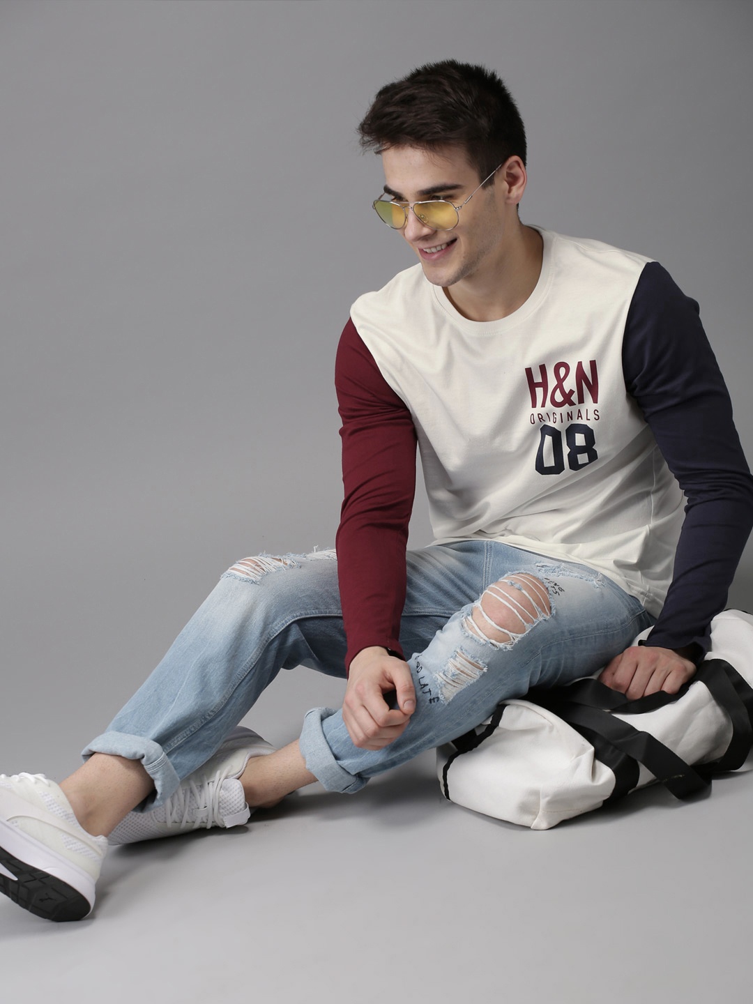 

HERE&NOW Men White Brand Logo Printed Cotton T-shirt