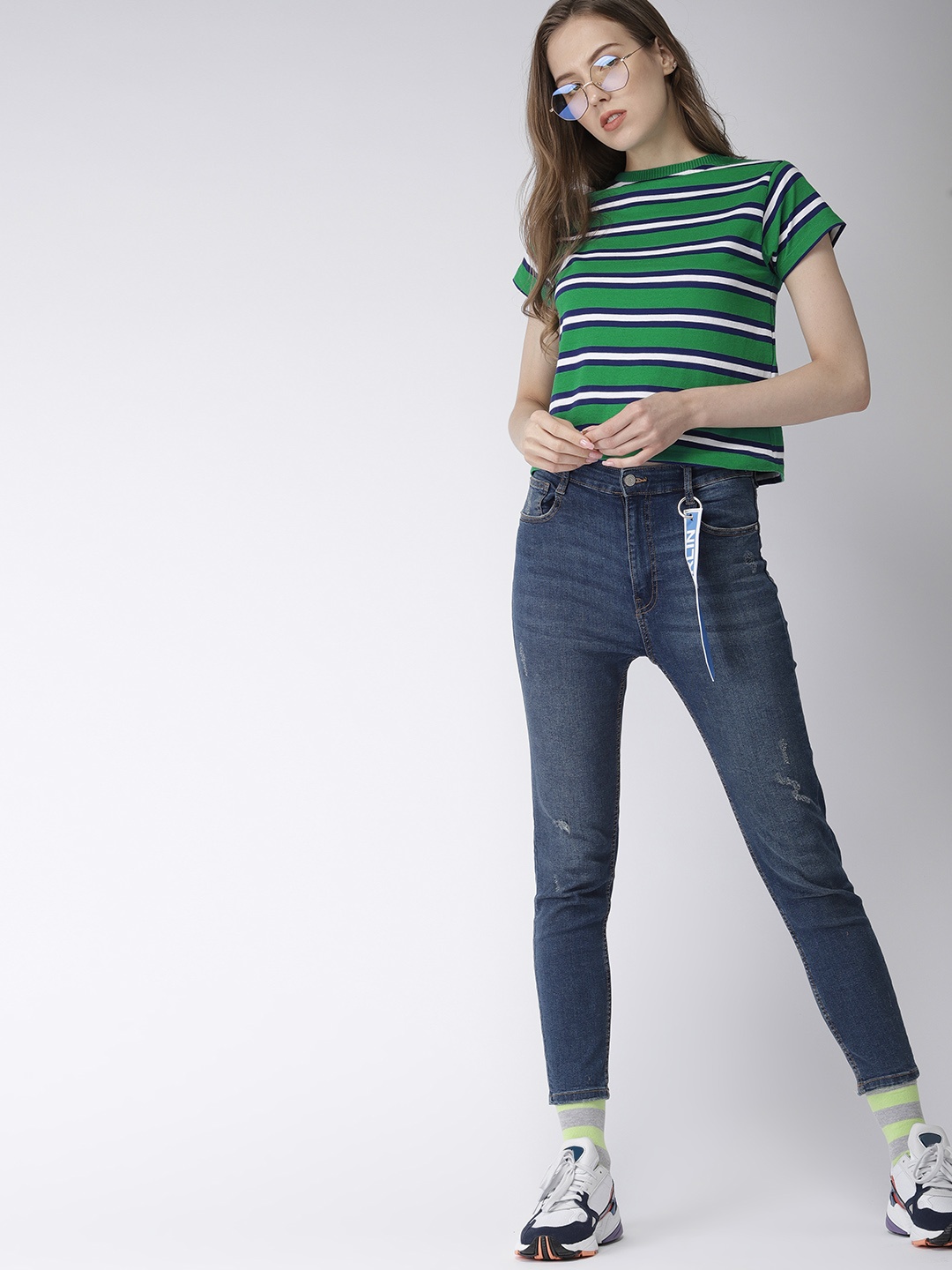 

Harvard Women Green White Striped Round Neck Pure Cotton T-shirt