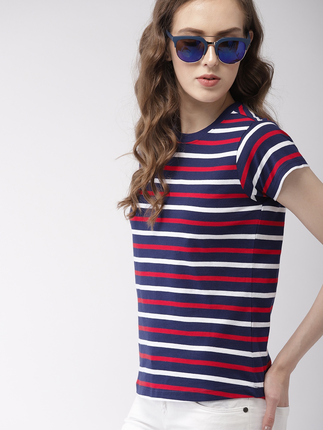 

Harvard Women Navy Red Striped Round Neck Pure Cotton T-shirt, Navy blue