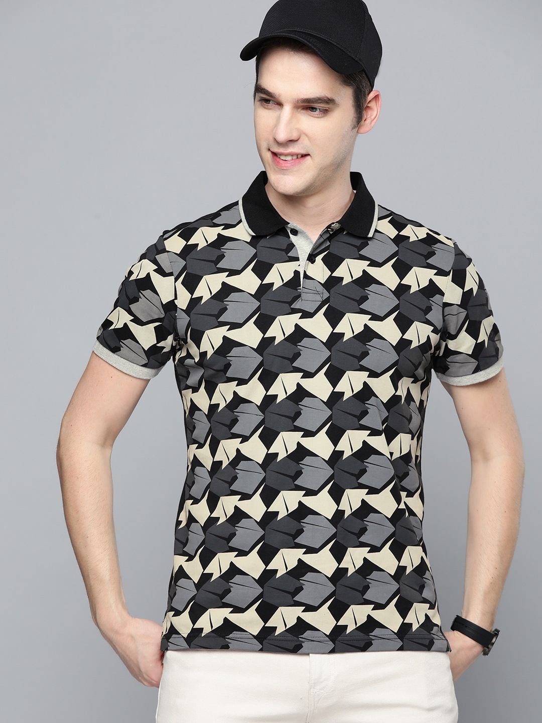 

HERE&NOW Men Black & Grey Pure Cotton Printed Polo Collar T-shirt