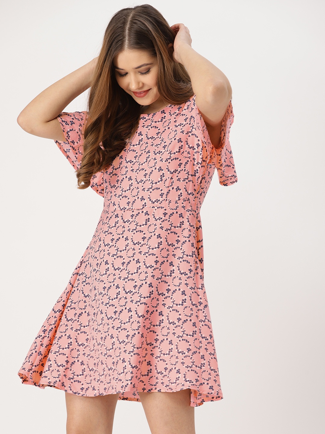 

DressBerry Women Pink & Navy Blue Printed A-Line Dress